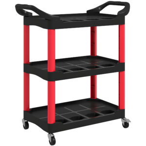 3-Tier Rolling Tool Cart, Tool Trolley On Wheels, Plastic Mobile Service Utility Cart With Handles For Garage, Mechanics And Warehouse, 91kg Capacity, Black And Red