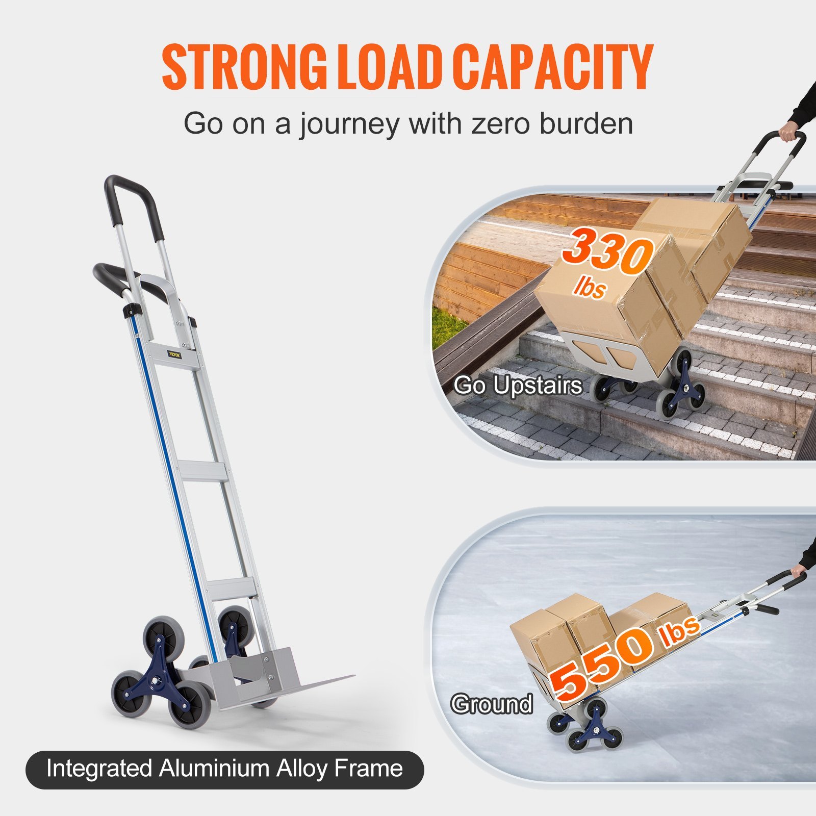 Stair Climbing Cart, 249.5 Kg Load Capacity, Aluminum Hand Truck Dolly With Dual Handles, Integrated Frame & Nonslip Rubber Wheels, Multipurpose Stair Climber For Warehouse Shopping Airport - Image 3