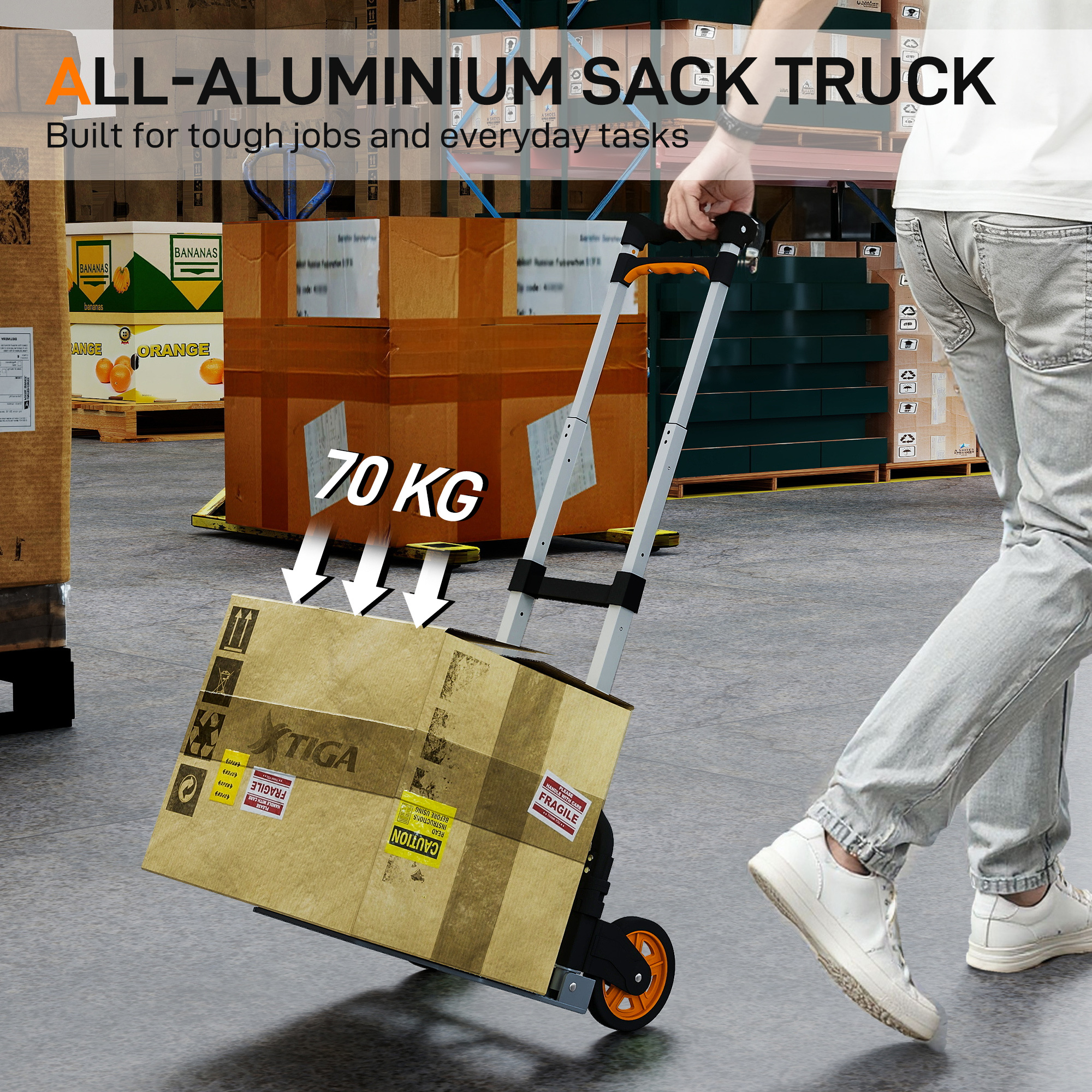 Folding Sack Truck, 70kg Lightweight Hand Truck With Wheels, Foldable Trolley Cart With Telescoping Handle For Warehouse, Office, Luggage, Silver Tone - Image 4