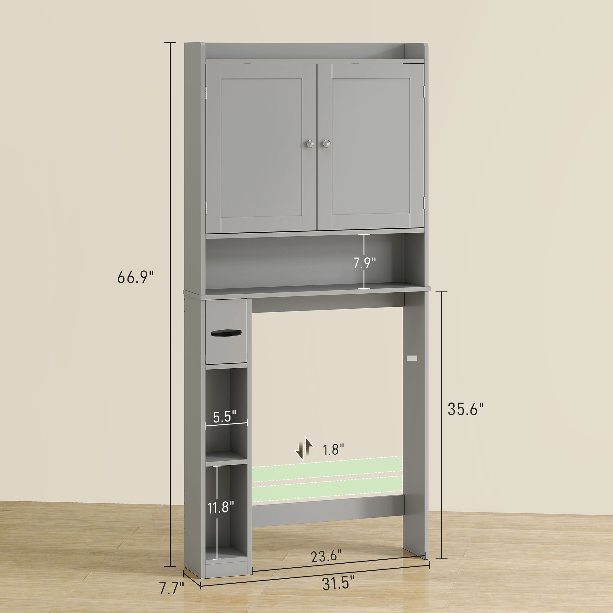 Modern Over The Toilet Storage Cabinet With 2 Doors, Above Commode Storage Cabinet With Toilet Paper Holder, Gray - Image 2