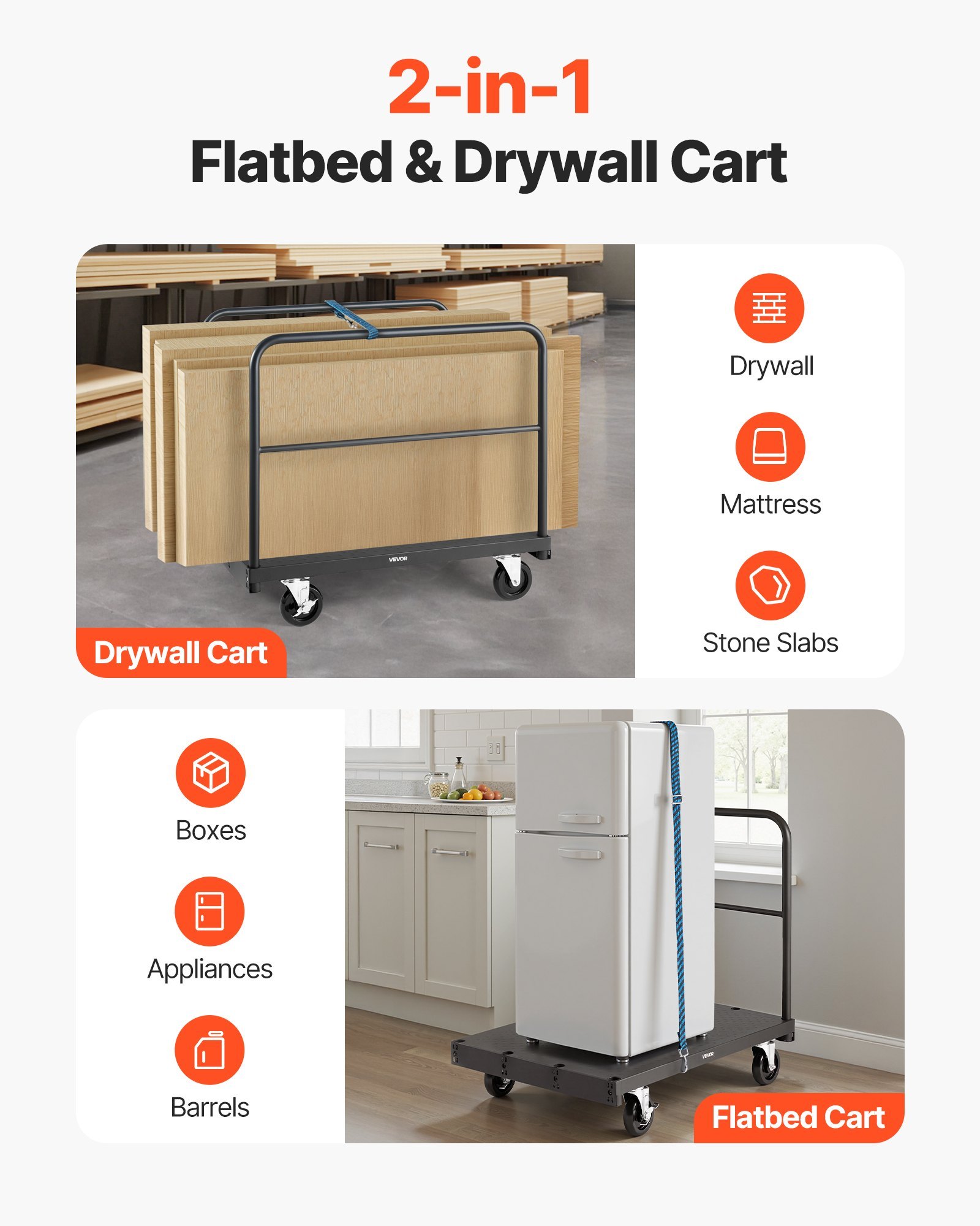 Drywall Cart Dolly, 1800 Lbs Load Capacity, 2-in-1 Steel Panel Truck Cart With 5 Inch Swivel Casters, 36 X 24 Inch Platform Truck With 3 Side Handrails For Factory, Warehouse, Garage, Black - Image 4
