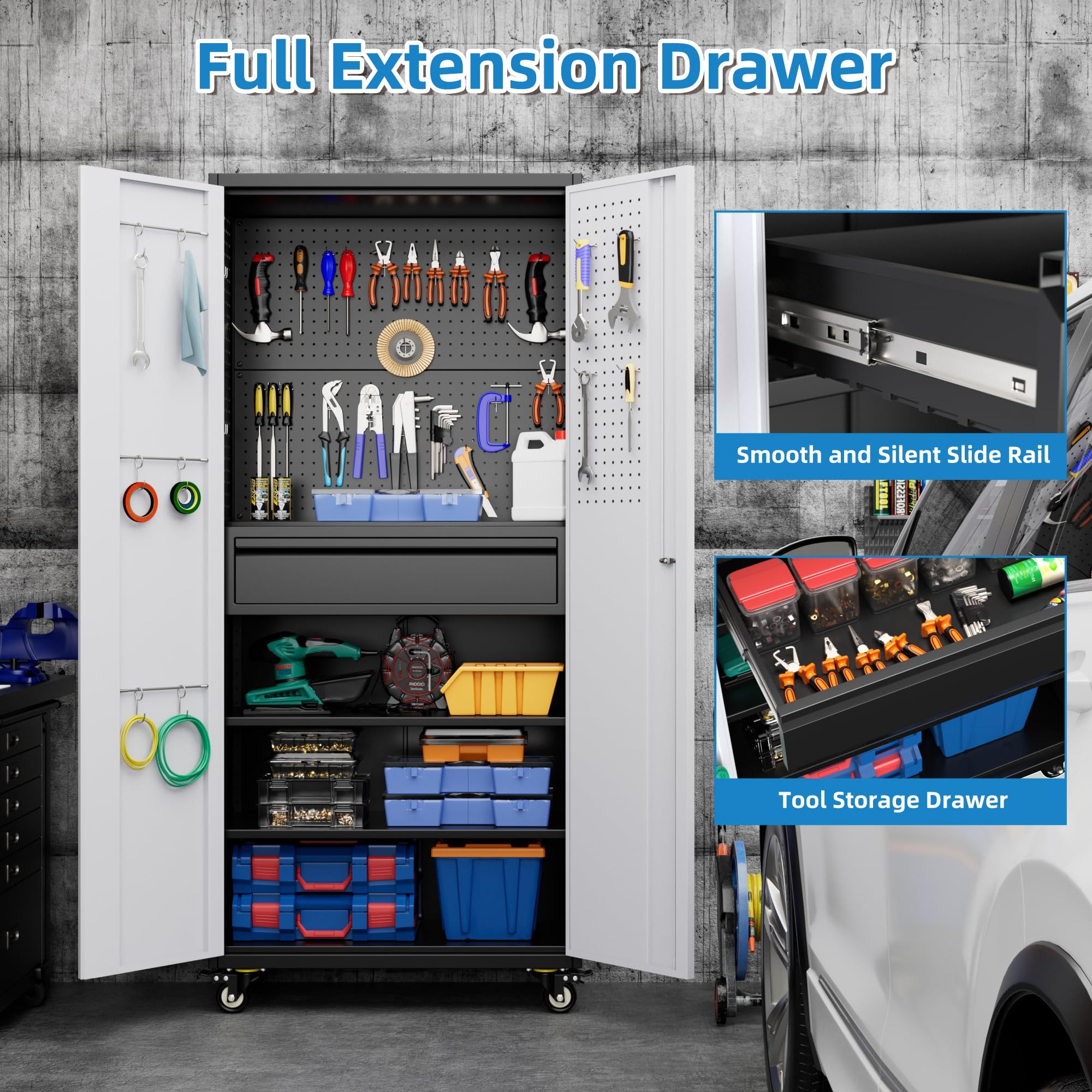 71 Inch High Metal Storage Cabinet On Wheels With 5 Pegboards And 1 Drawer, Lockable Steel Tool Cabinet For Garage, Warehouse, Assembly Required, Black Gray - Image 8