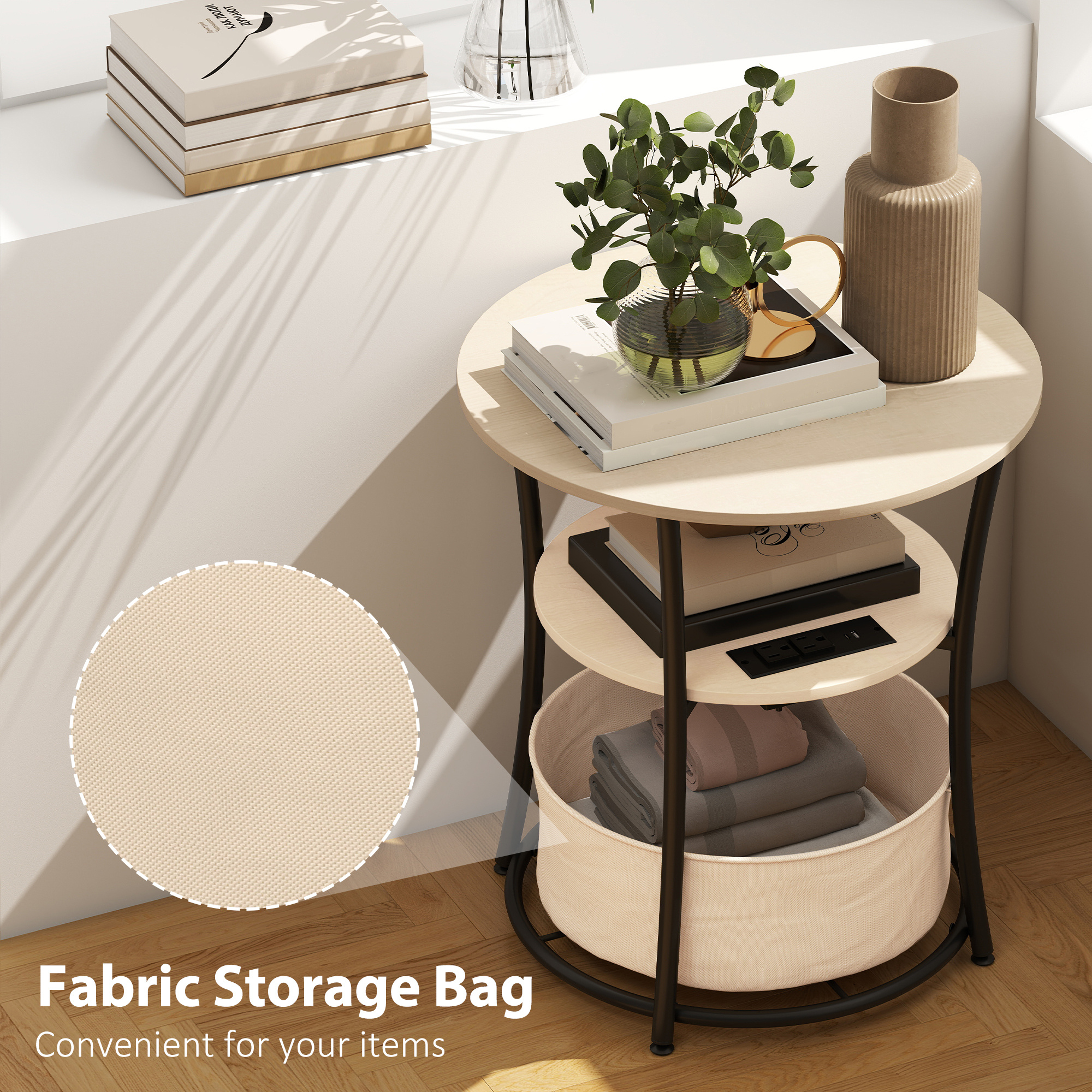 Round Side Table With Charging Station, 3-Tier End Table With Fabric Storage Bag And Shelf, Natural Wood - Image 6