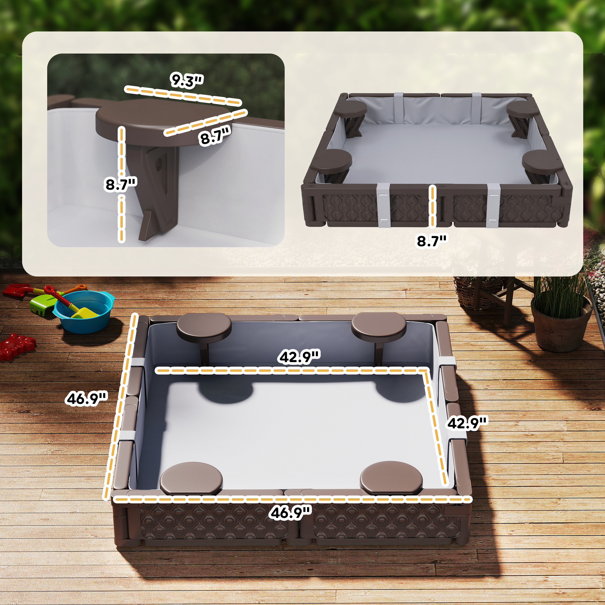Kids Sandbox With Cover, 4 Corner Seats, Bottom Liner For Backyard, Garden, Outdoor, 47 X 47 X 9, Dark Brown - Image 2
