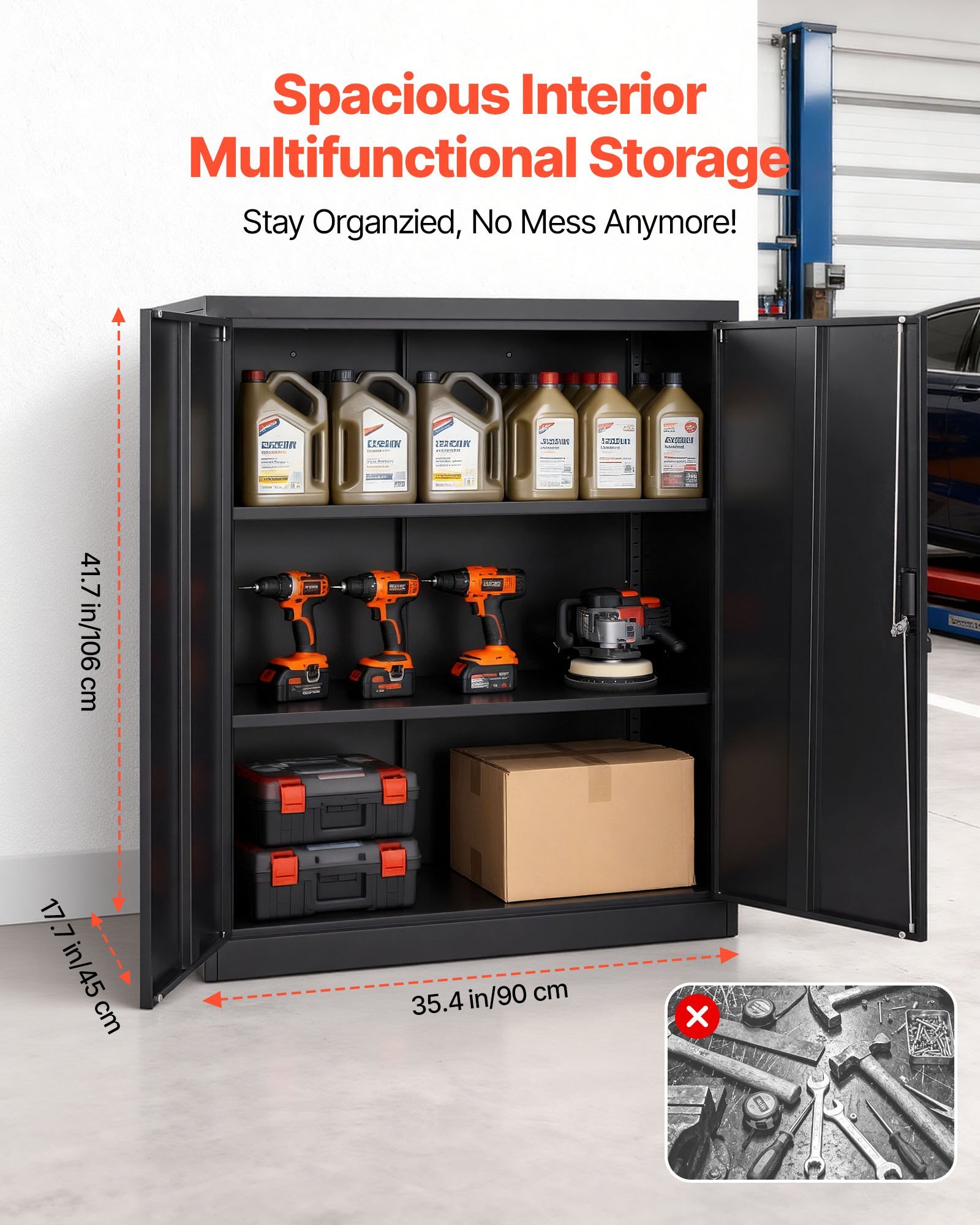 Metal Storage Cabinet, 41.7 In Steel Garage Cabinet With 2 Adjustable Shelves, 2 Magnetic Doors & 2 Keys, 3 Tiers Lockable Tool Storage For Pantry, Warehouse, Basement, Office, Black - Image 3
