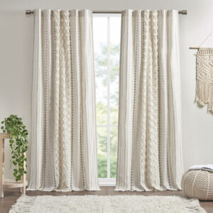 Cotton Printed Curtain Panel With Chenille Stripe And Lining Ivory 50x84