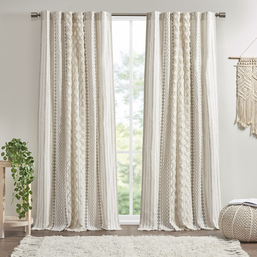 Cotton Printed Curtain Panel With Chenille Stripe And Lining Ivory 50x84