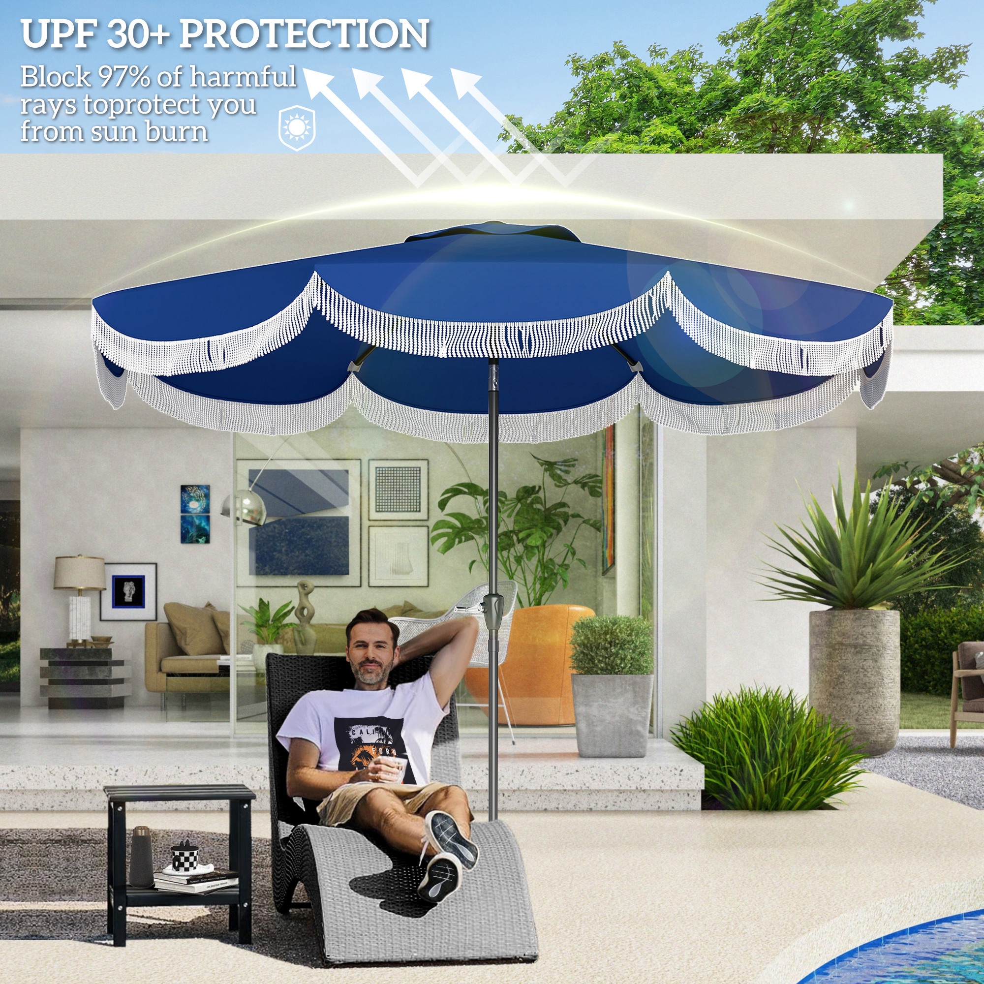 9FT Patio Umbrella,Outdoor Market Umbrella With Crank, 8 Ribs, Push Button Tilt, Vented Patio Table Umbrella For Deck Backyard Lawn, Navy Blue - Image 4