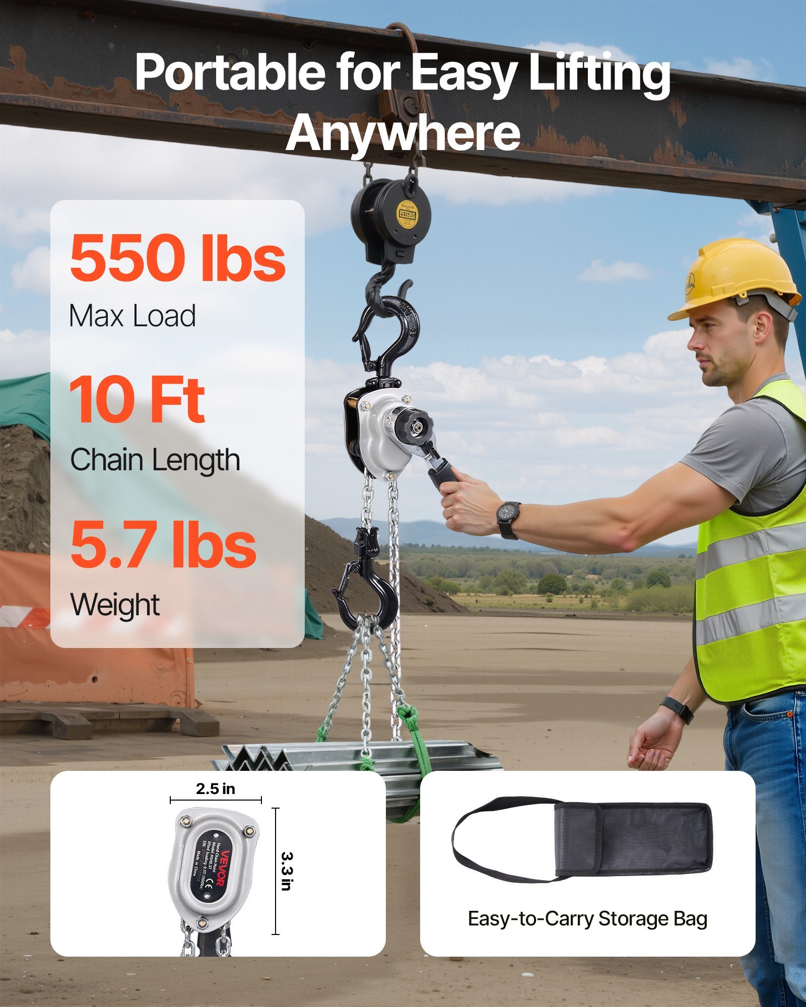 Manual Lever Chain Hoist, 1/4T 550LBS Capacity Heavy Duty Come Along, 10FT Lift G80 Alloy Steel Chain With Dual Pawl Mechanical Brake,360°Rotating Hooks, For Warehouse Construction Garage - Image 3