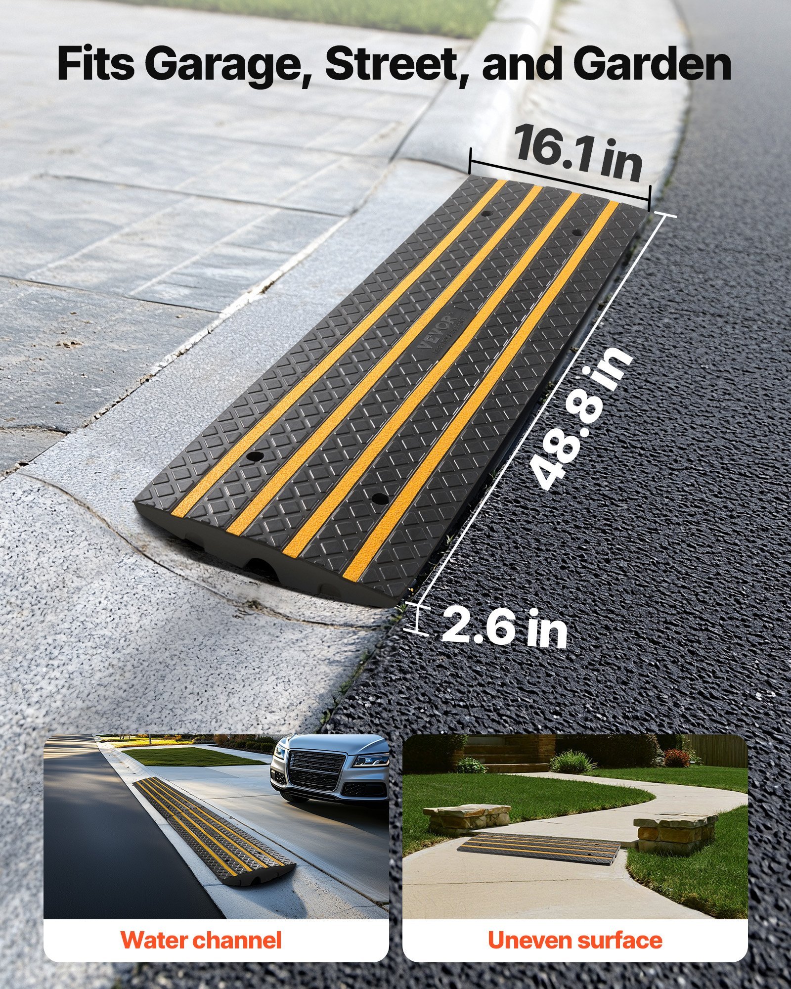 Car Driveway Rubber Curb Ramp, 33069 Lbs Load Capacity, 2.6 Inch Rise Curbside Bridge Ramp With Yellow Reflective Strips, Suitable For Loading Dock, Warehouse, Garage, Sidewalk (2 Pack) - Image 5