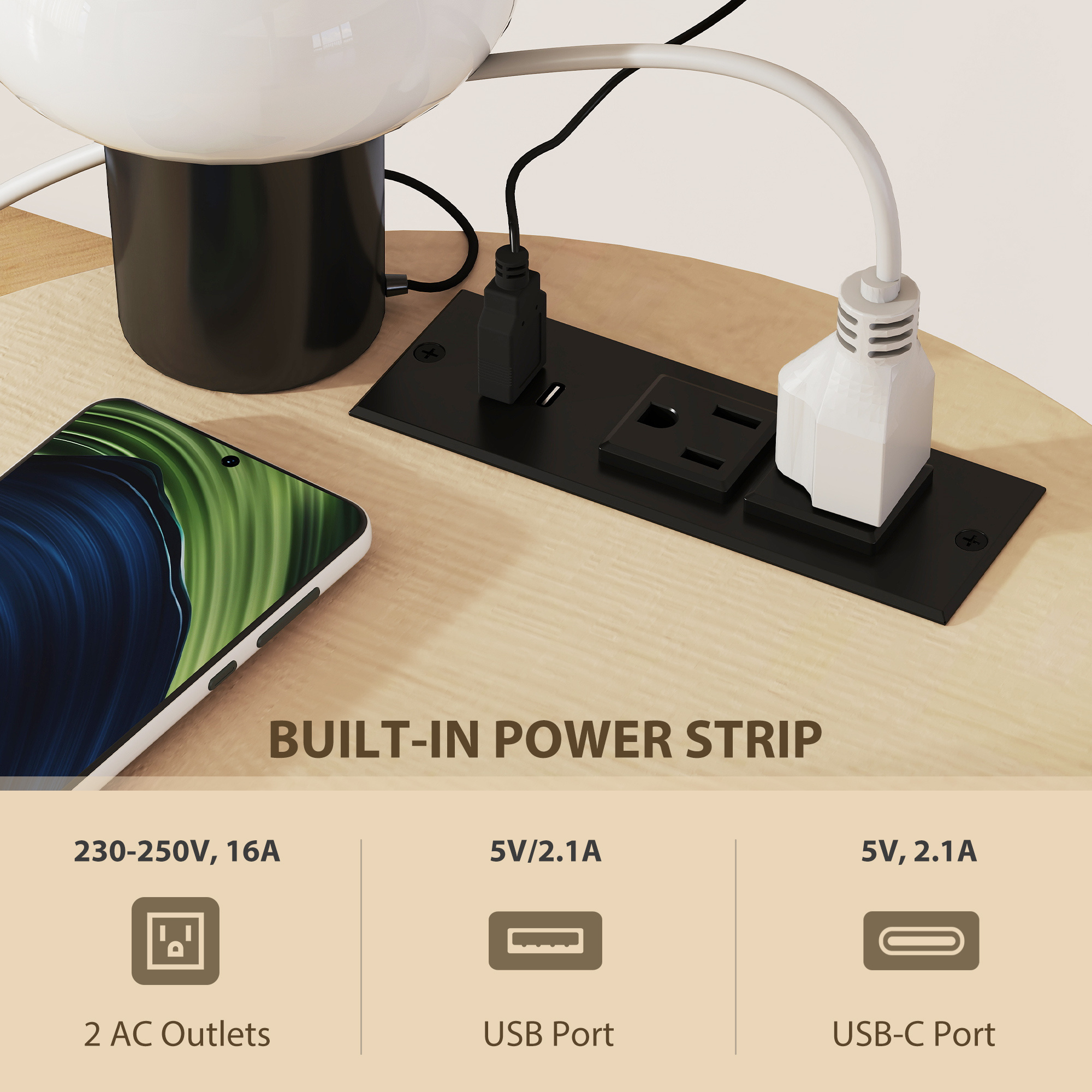 Round Side Table With Charging Station, 3-Tier End Table With Fabric Storage Bag And Shelf, Natural Wood - Image 4