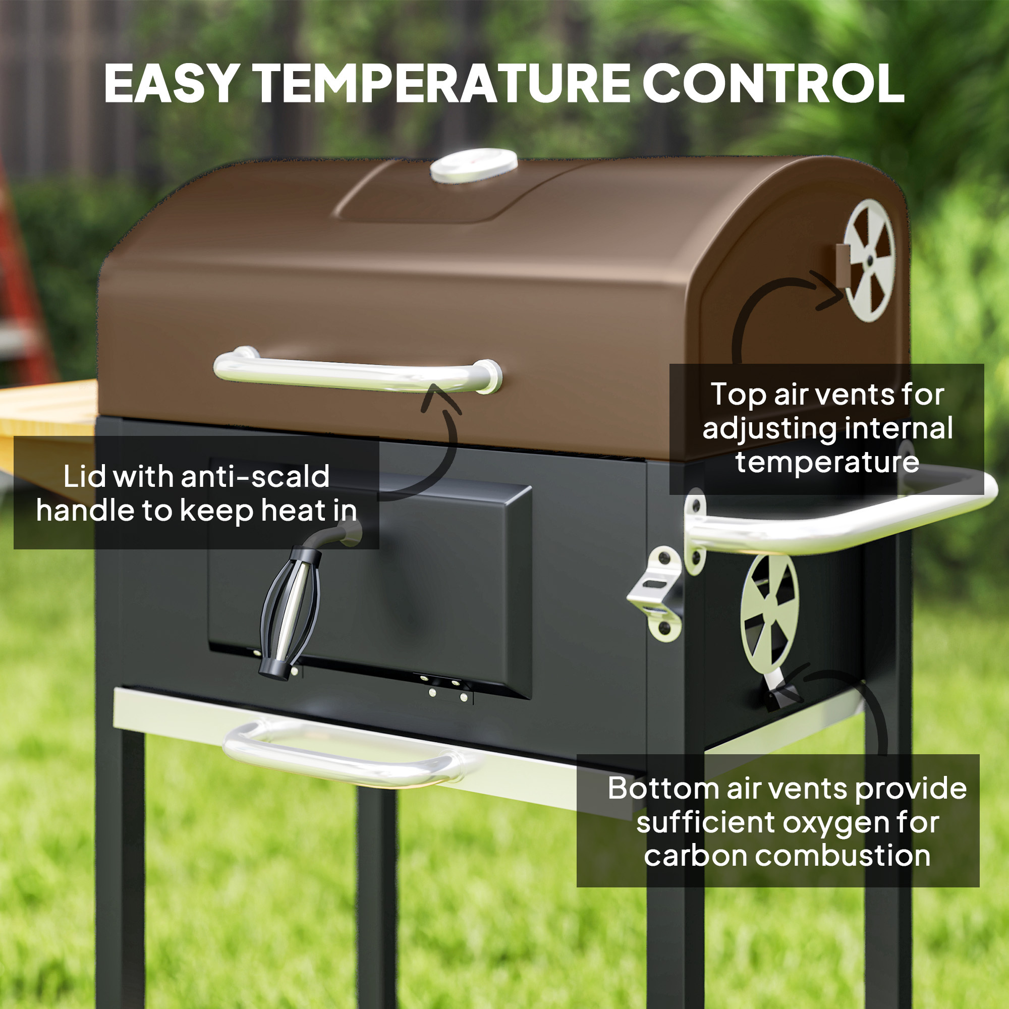 Charcoal BBQ Grill, Outdoor Portable Cooker For Camping Or Backyard Picnic, Barbecue Grill With Side Table, Bottom Storage Shelf, Wheels And Handle, Black - Image 3