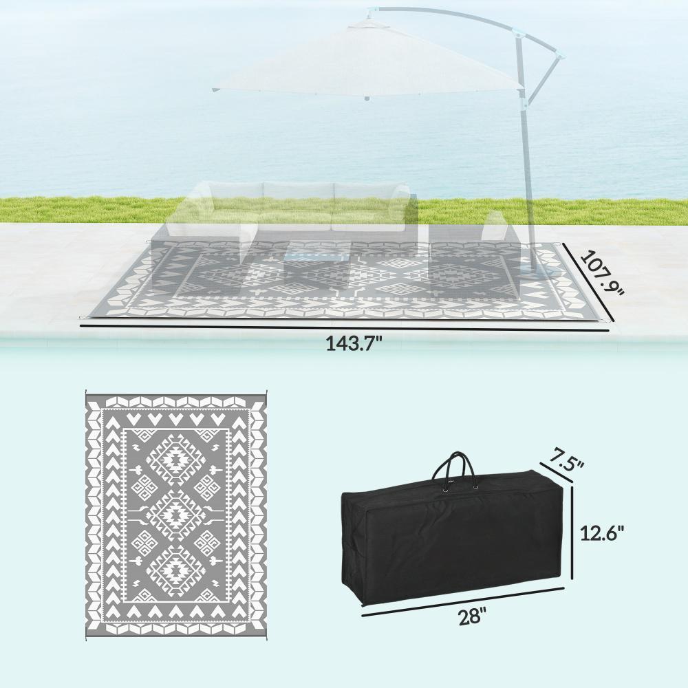 Reversible Outdoor Rug, Waterproof Plastic Straw With Carry Bag, 9 X 12, Gray & White Rhombus Patchwork - Image 6