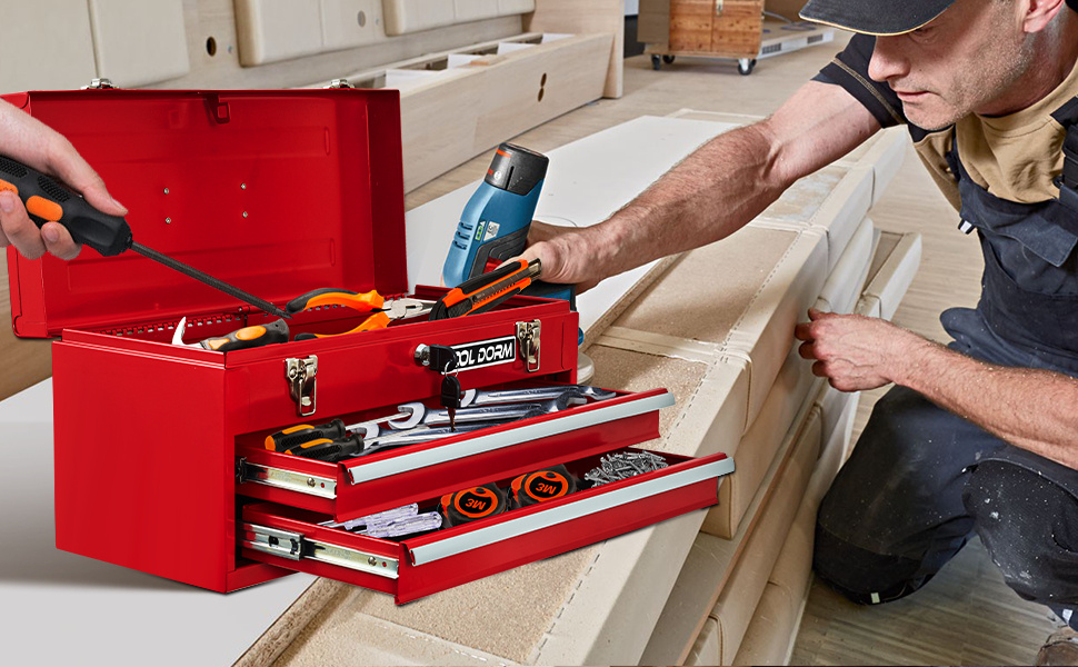 20.3inch Metal Tool Box With 2-4 Drawers Portable Steel Tool Chest With Metal Cylinder Lock And Latch Closure, Black And Red Two Color Powder Coating, Suitable For Garage, Warehouse - Image 7