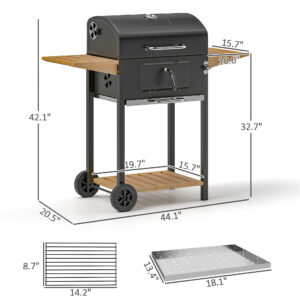 Charcoal BBQ Grill With 245 Sq. In. Cooking Area, Adjustable Charcoal Pan, 3 Shelves, Thermometer, Black