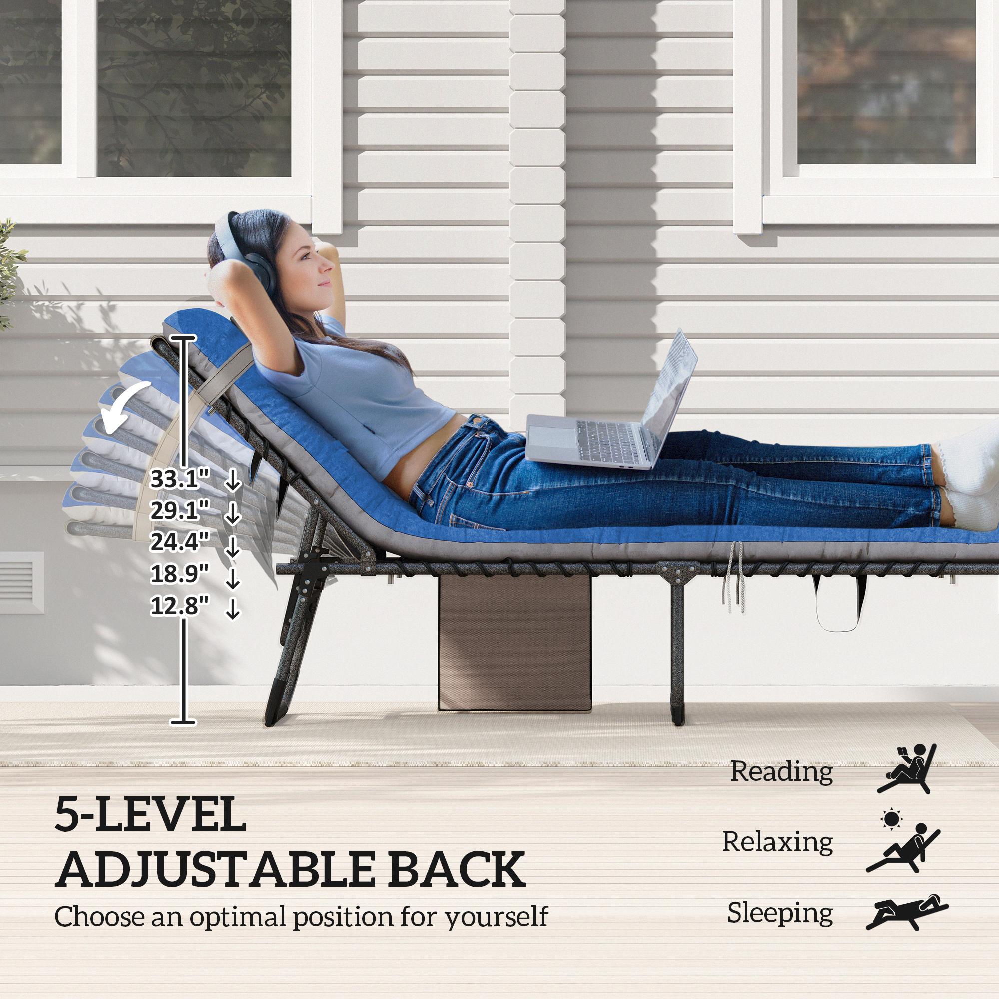 Outdoor Chaise Lounge Chair Set Of 2, 5-Level Adjustable Folding Pool Lounge Chairs With Cushions, Brown Blue - Image 4