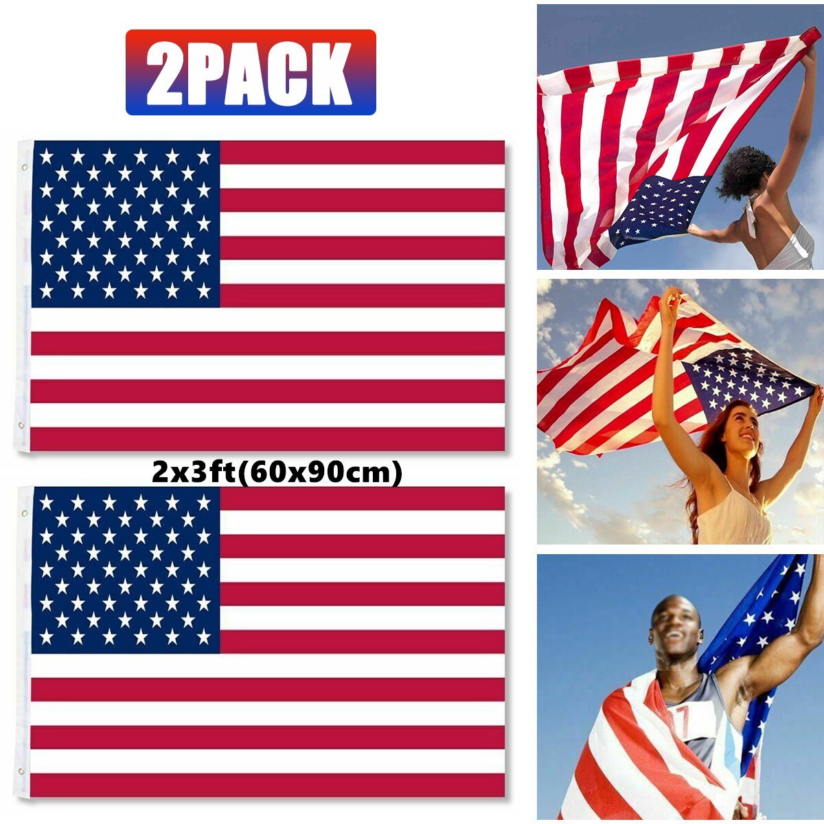 2 X 3 FT American Flag US USA National Double Sided Polyester Brass Grommets 60x90cm Flag - Image 7