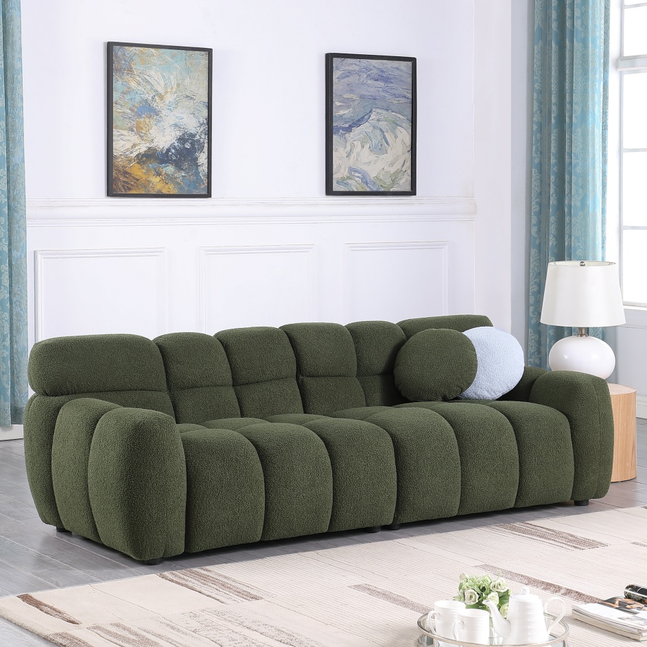 87.4 Length ,35.83inch Deepth ,human Body Structure For USA People, Marshmallow Sofa,boucle Sofa ,3 Seater, OLIVE GREEN BOUCLE