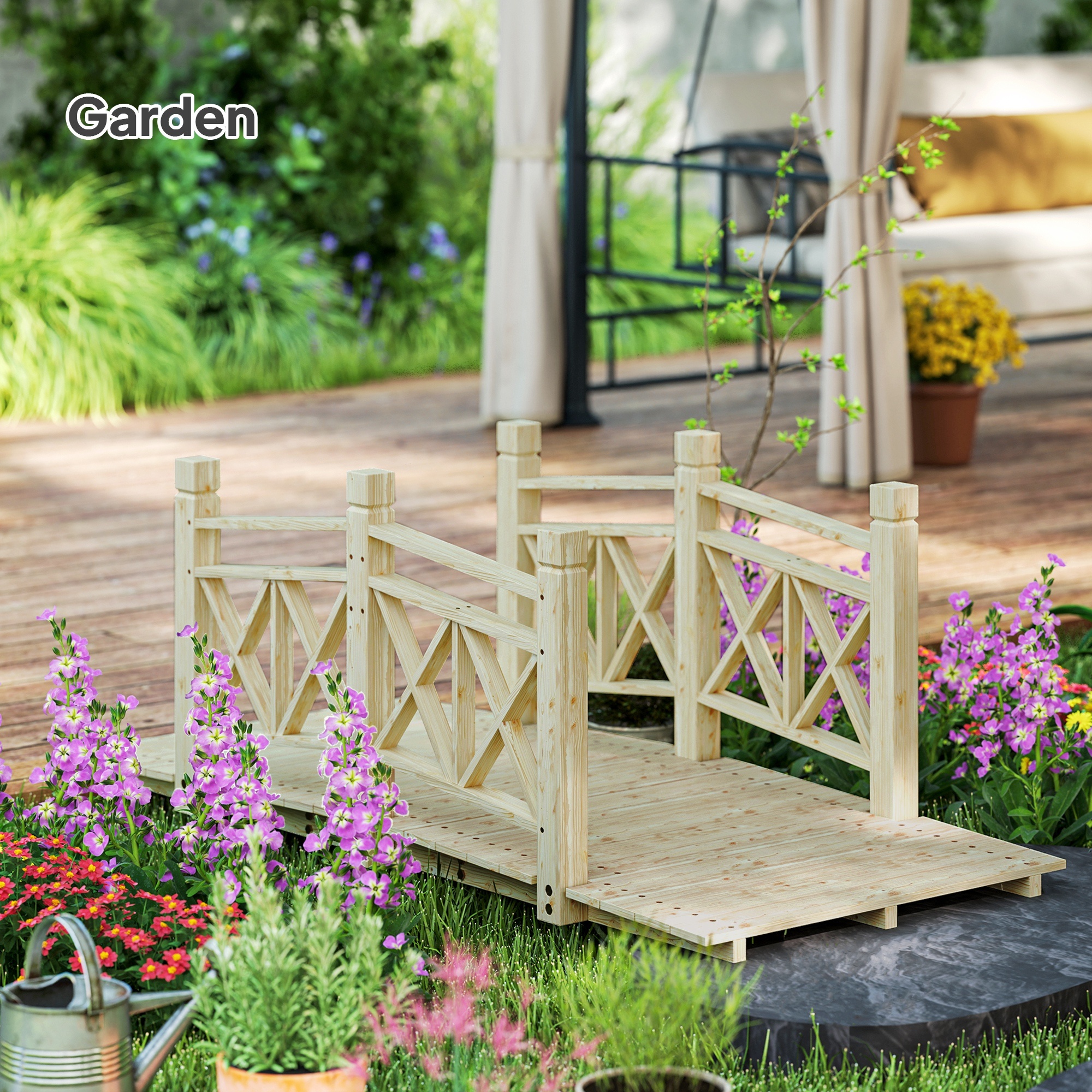 5 Ft. Wooden Garden Bridge Footbridge For Ponds, Creeks, Streams, Nature Wood - Image 2