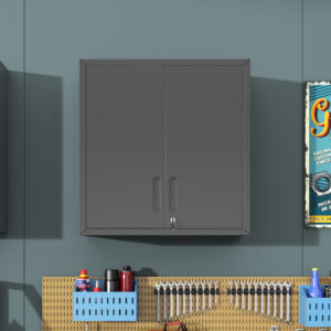 Metal Wall-Mounted Tool Storage Cabinet With 2 Locking Door 1 Adjustable Shelf 1 Opened Drawer For Garage Warehouse,Office,Assembly Required