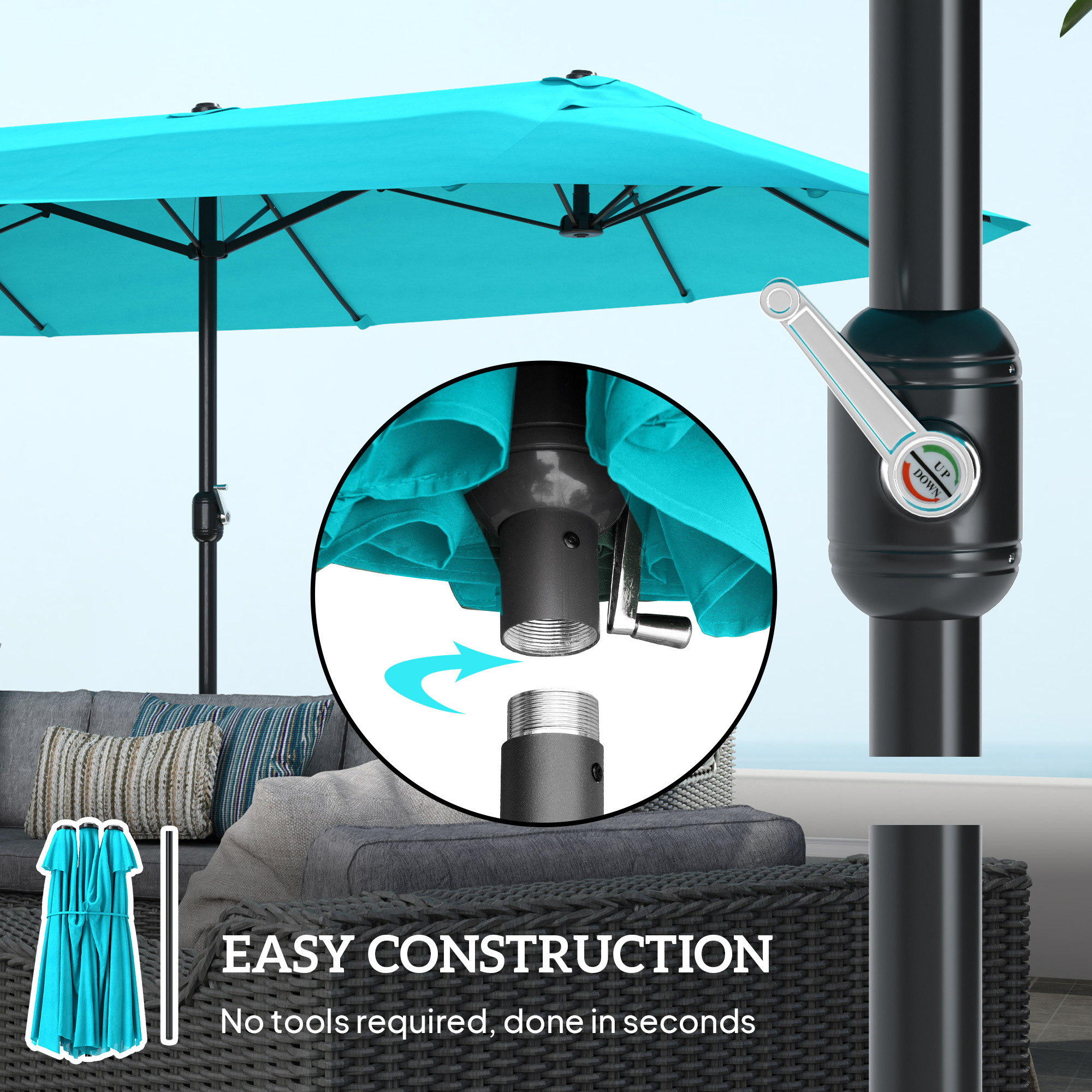 Patio Umbrella 15ft Double-Sided Outdoor Market Extra Large Umbrella With Crank Handle For Backyard, Light Blue - Image 5