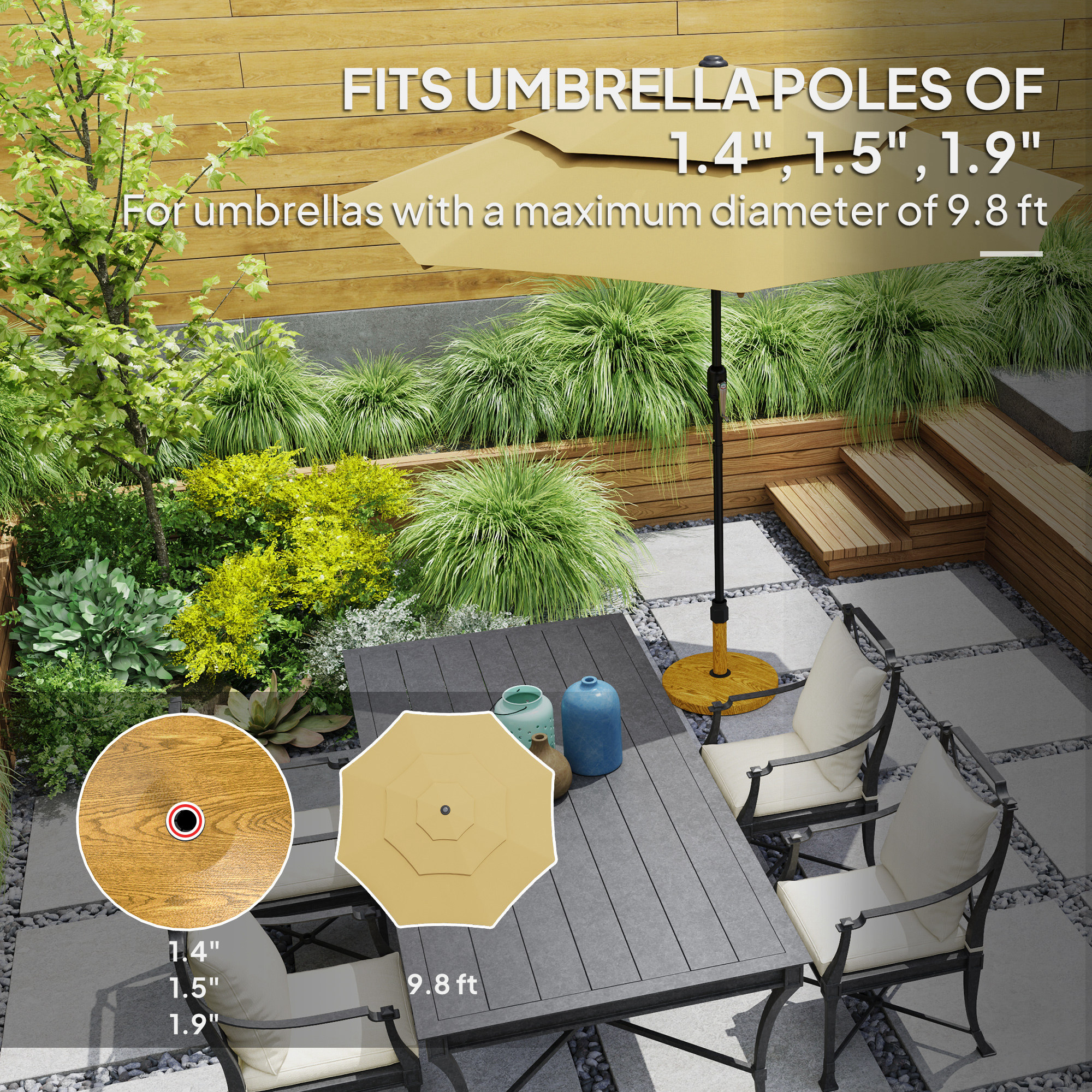 Patio Umbrella Base Holder, Outdoor Umbrella Base With Adjustable Pads, Heavy Duty Patio Umbrella Stand Base For Garden, Poolside, Nature Wood - Image 3