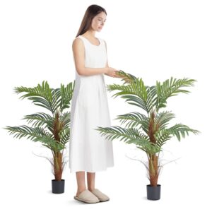 Artificial Palm Tree, 4 FT Tall Faux Plant, Secure PE Material & Anti-Tip Tilt Protection Low-Maintenance Plant, Lifelike Green Fake Tree For Home Office Warehouse Decor Indoor Outdoor