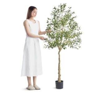 Artificial Olive Tree, 6 FT Tall Faux Plant, Secure PE Material & Anti-Tip Tilt Protection Low-Maintenance Plant, Lifelike Green Fake Potted Tree For Home Office Warehouse Decor Indoor Outdoor