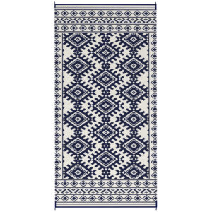 Reversible Outdoor Rug, Waterproof Plastic Straw With Carry Bag, 9 X 18, Blue & White Rhombus Border