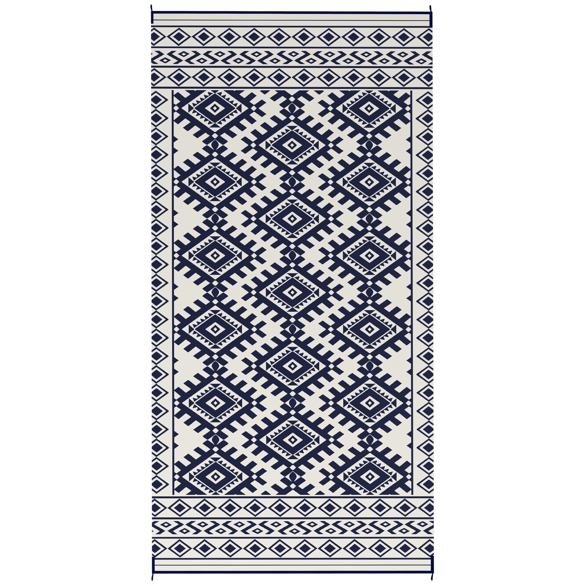 Reversible Outdoor Rug, Waterproof Plastic Straw With Carry Bag, 9 X 18, Blue & White Rhombus Border