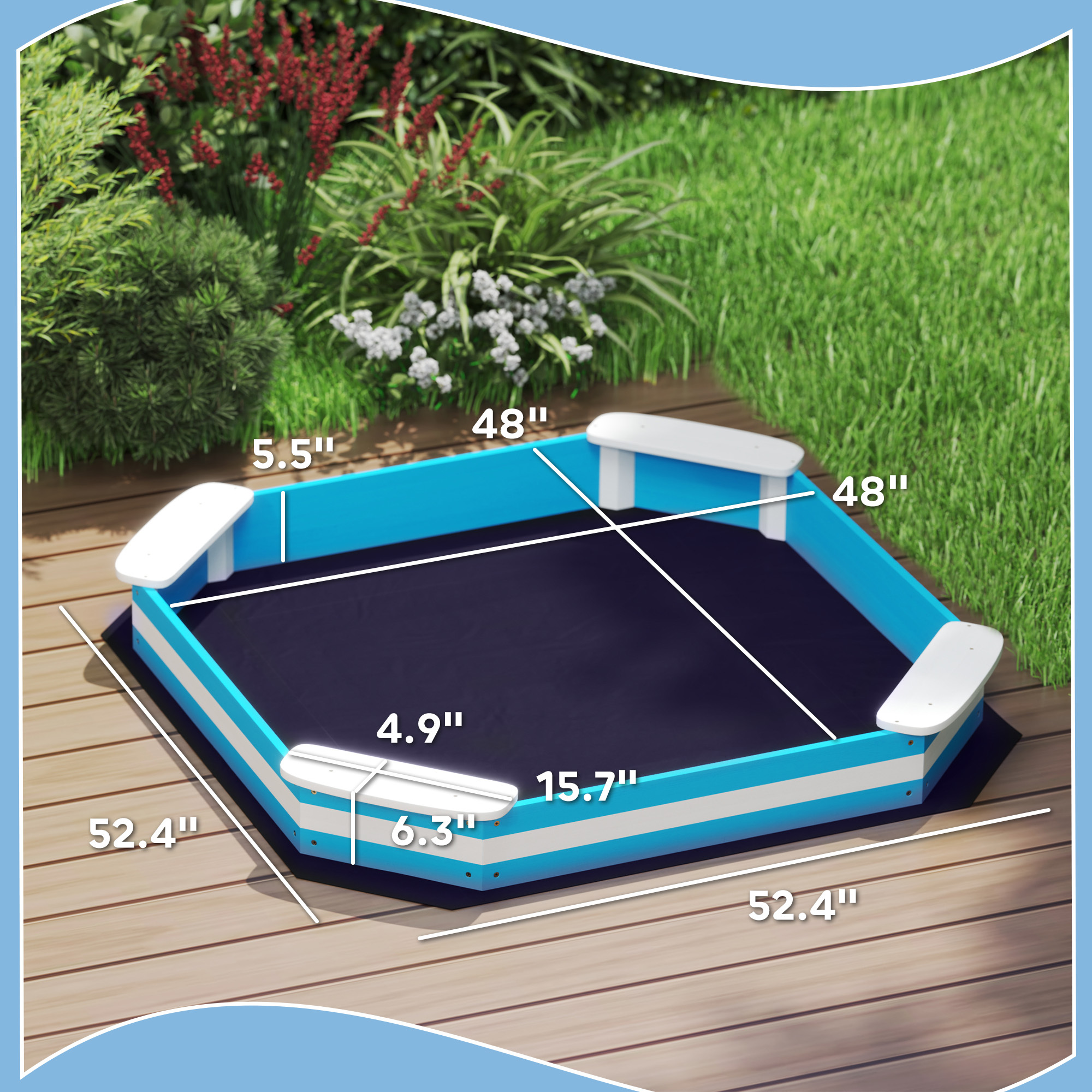Kids Sandbox With 4 Corner Seats, Bottom Liner For Backyard, Garden, Outdoor, 52 X 52 X 6, Blue - Image 5