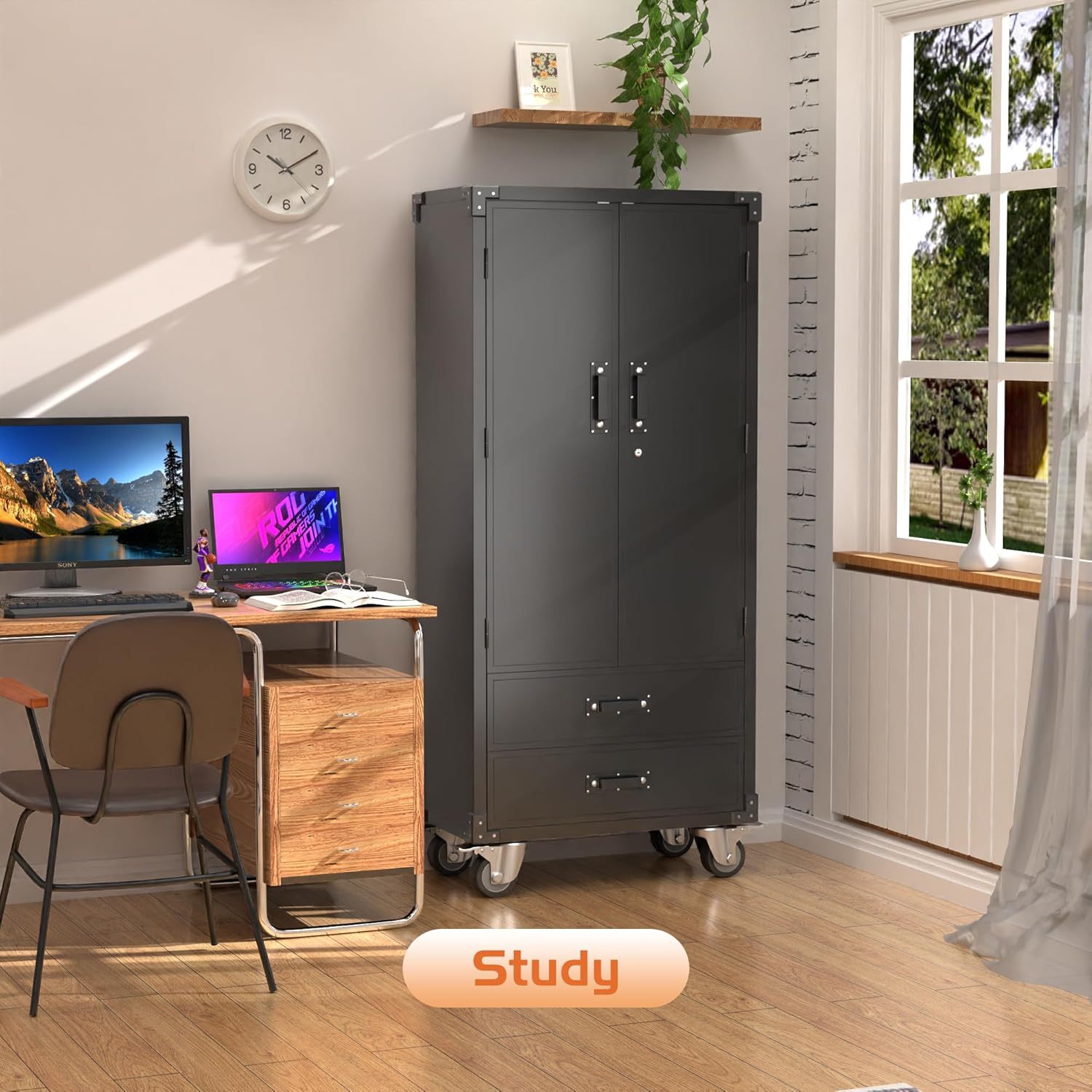 Rolling Storage Cabinet With 2 Doors And 2 Drawers, Metal Storage Cabinet With Doors And Shelves, Locking Steel Cabinet For Warehouse, Home, Office Black - Image 5
