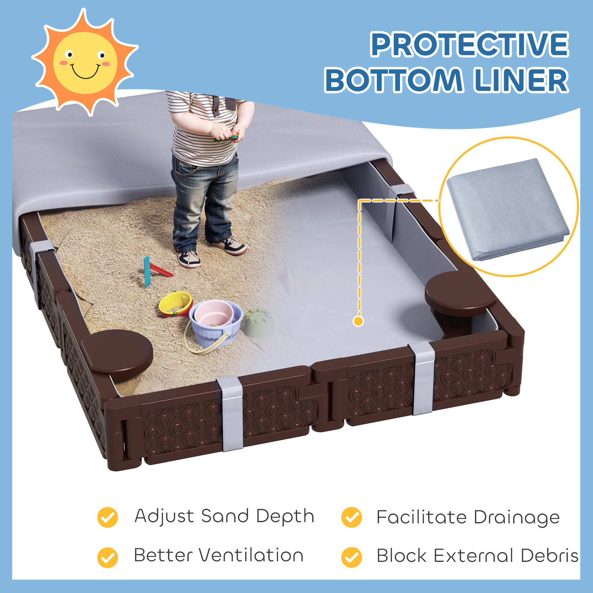 Kids Sandbox With Cover, 4 Corner Seats, Bottom Liner For Backyard, Garden, Outdoor, 73 X 47 X 9, Dark Brown - Image 3