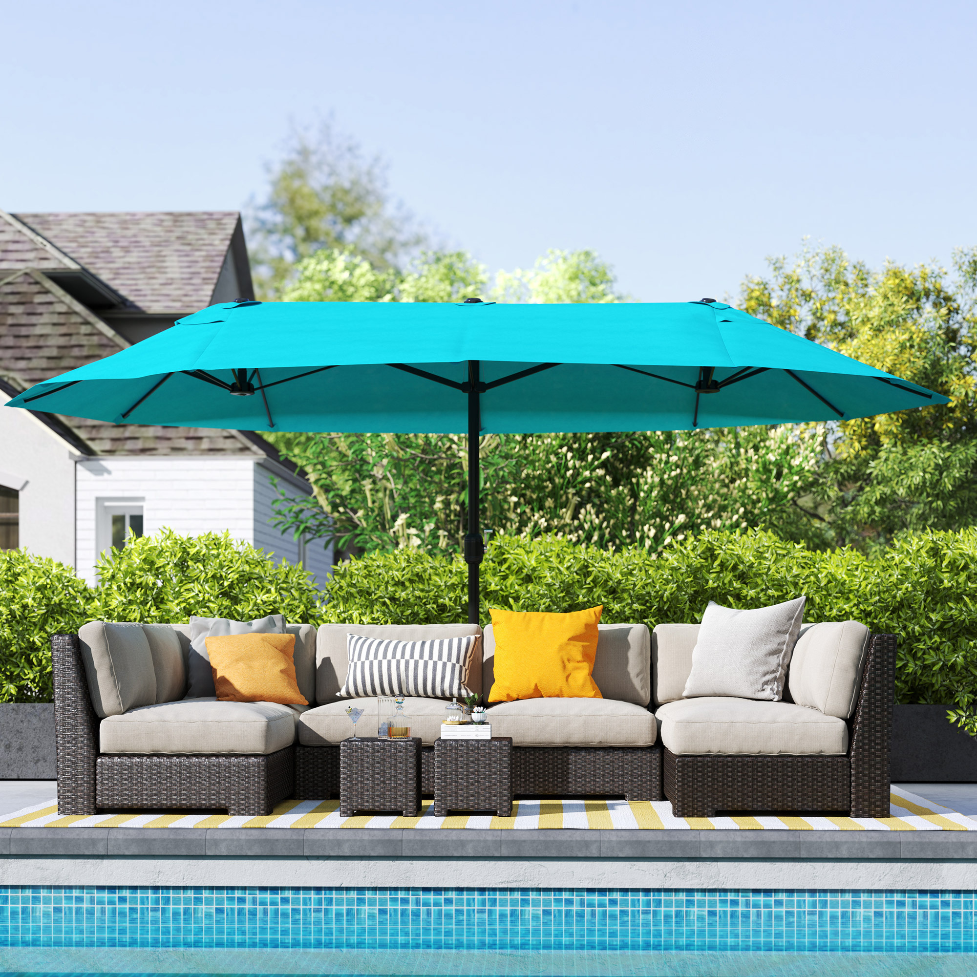 Patio Umbrella 15ft Double-Sided Outdoor Market Extra Large Umbrella With Crank Handle For Backyard, Light Blue - Image 4