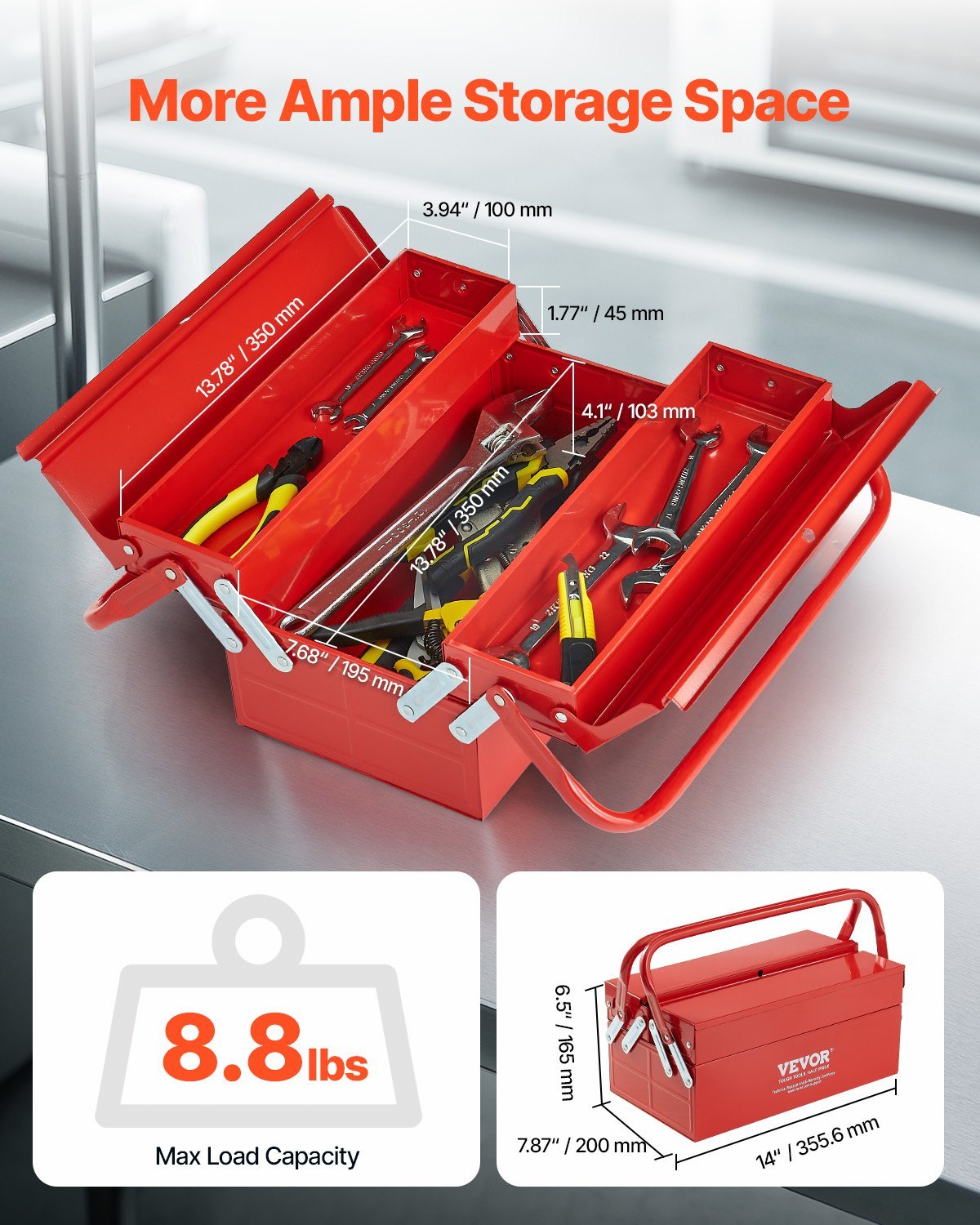 Metal Tool Box, 14-inch, 2-Tier 3-Tray Portable Folding Tool Chest Organizer With Handle & Lock Hole, Powder Coated Steel, Cantilever Toolbox For Household Factory Warehouse Repair Shop, Red - Image 3