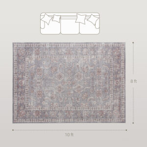 Machine Washable Area Rug 8x10, Non-Slip Traditional Flower Print Floor Carpet For Living Room, Bedroom, Grey And Brown