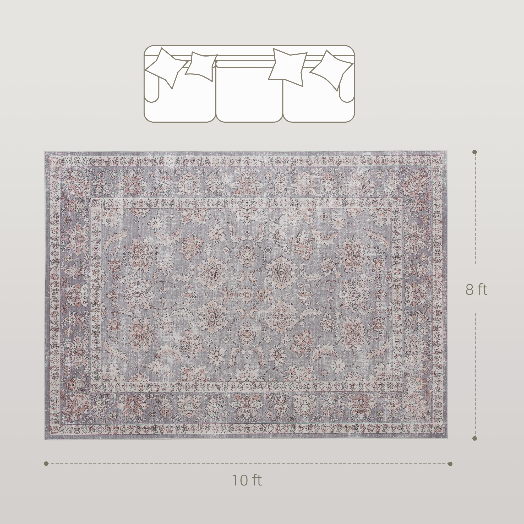 Machine Washable Area Rug 8x10, Non-Slip Traditional Flower Print Floor Carpet For Living Room, Bedroom, Grey And Brown
