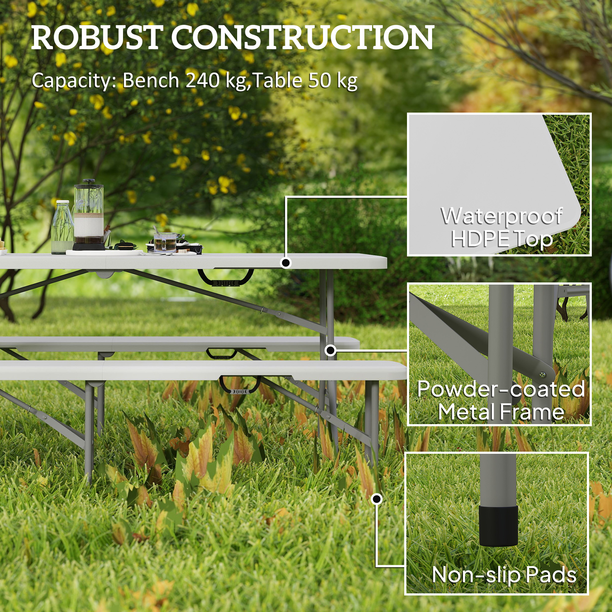 6FT 3 PCS Portable Camping Table And Chairs, Folding Picnic Table Bench Set With Carrying Handles For BBQ, Party, White - Image 4