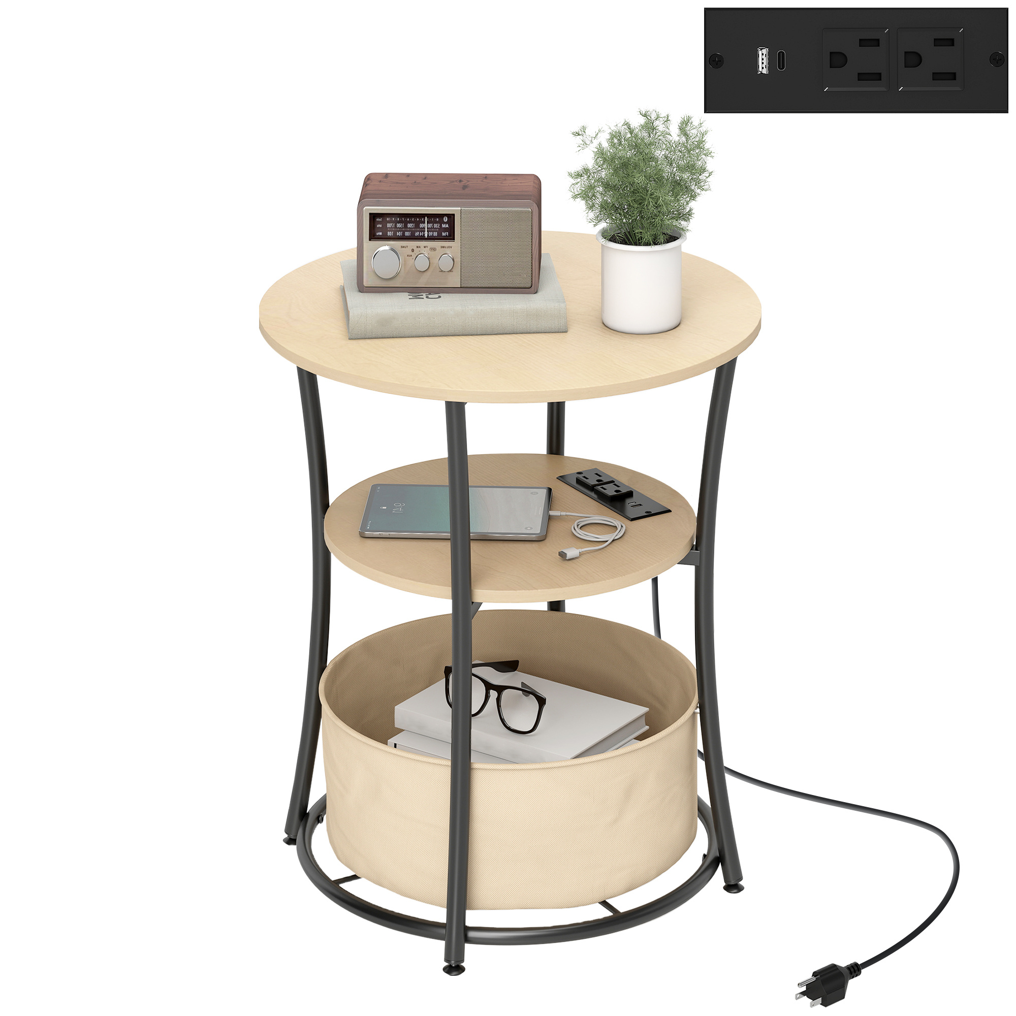 Round Side Table With Charging Station, 3-Tier End Table With Fabric Storage Bag And Shelf, Natural Wood