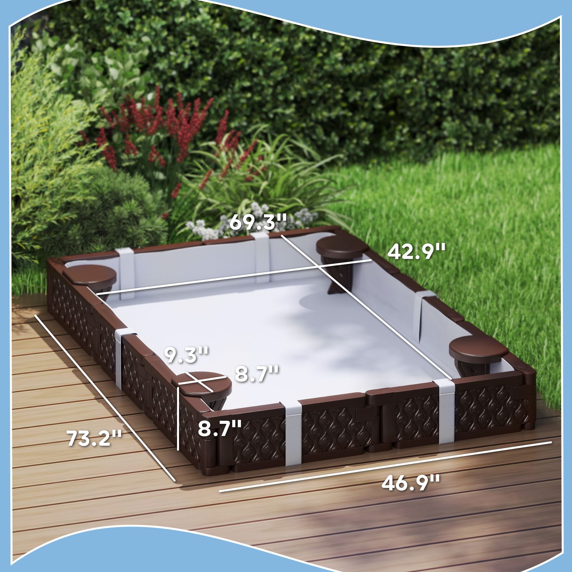 Kids Sandbox With Cover, 4 Corner Seats, Bottom Liner For Backyard, Garden, Outdoor, 73 X 47 X 9, Dark Brown - Image 6