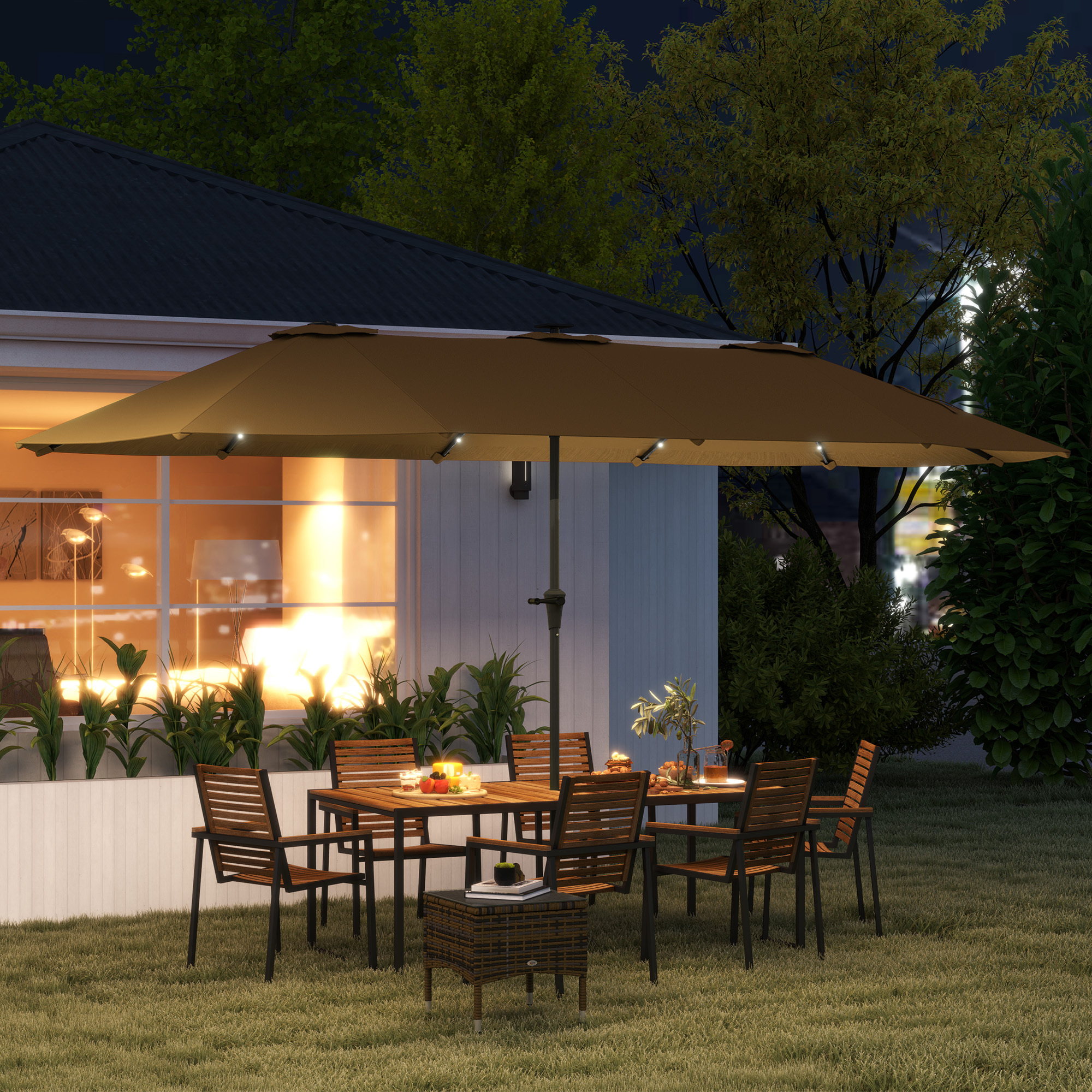 Double-Sided Market Umbrella, Large Patio Umbrella With Solar Lights, Crank Handle For Garden, Pool, Yard, Khaki - Image 2