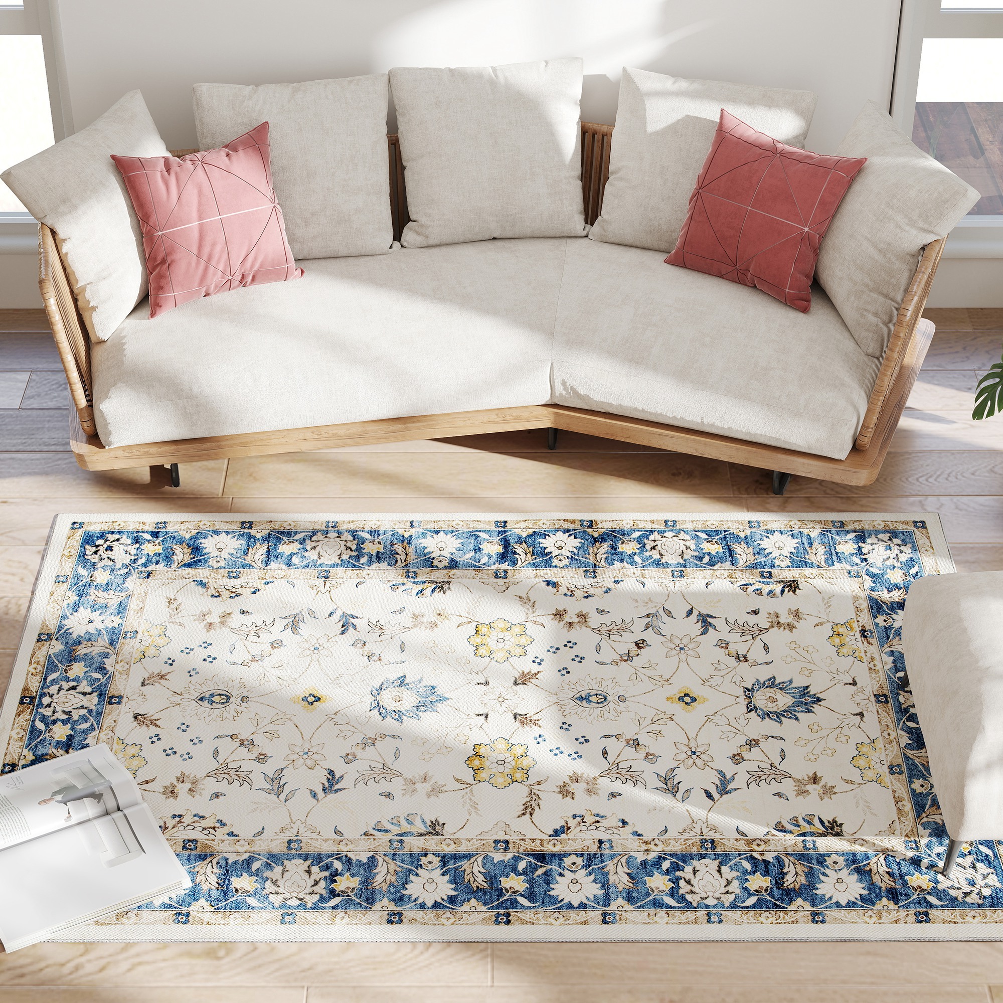 Machine Washable Area Rug 4x6, Non-Slip Boho Floral Print Floor Carpet For Living Room, Bedroom, Dining Room, Blue - Image 5