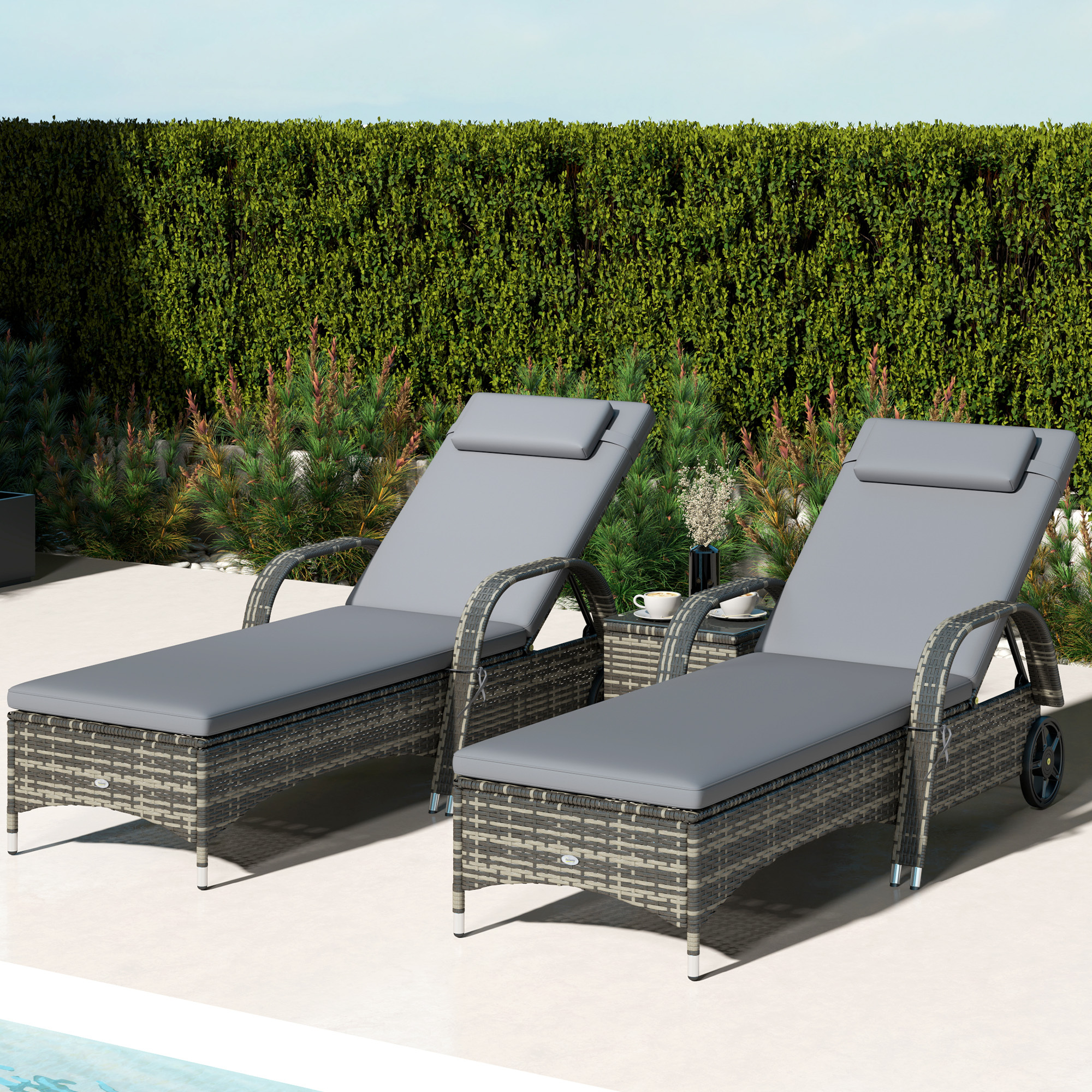 Patio Wicker Chaise Lounge Chair Set Of 2 With Table, Adjustable Backrest, Wheels, Cushion & Headrest, Gray - Image 6