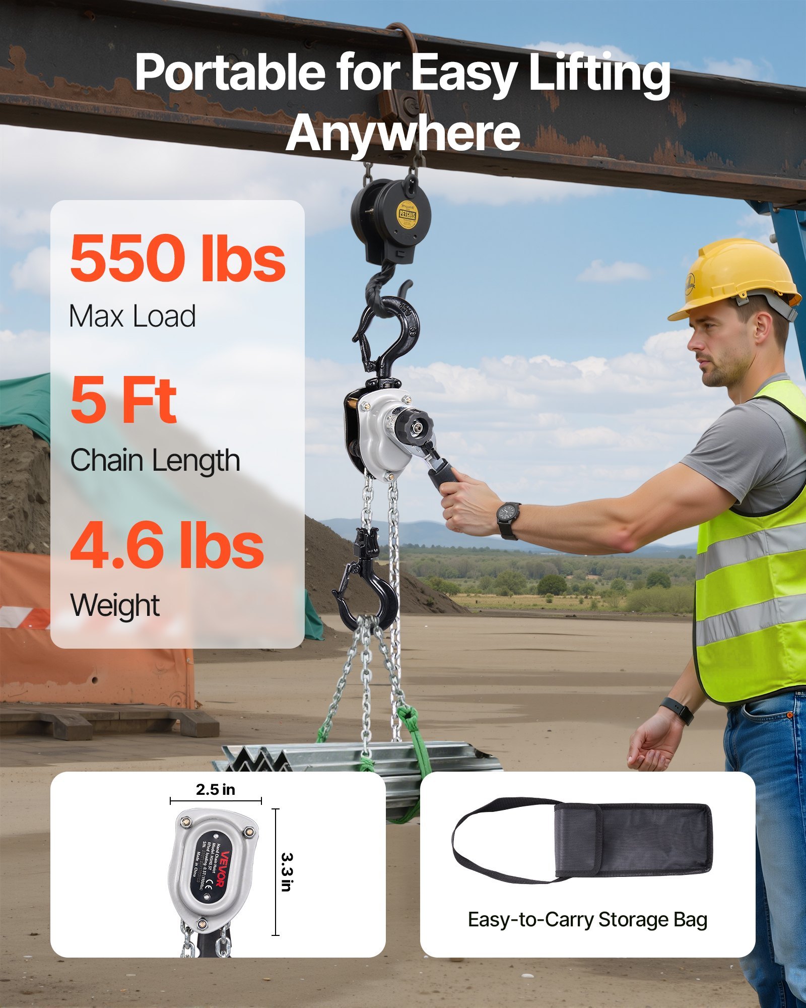 Manual Lever Chain Hoist, 1/4T 550LBS Capacity Heavy Duty Come Along, 5FT Lift G80 Alloy Steel Chain With Dual Pawl Mechanical Brake,360°Rotating Hooks, For Warehouse Construction Garage - Image 2