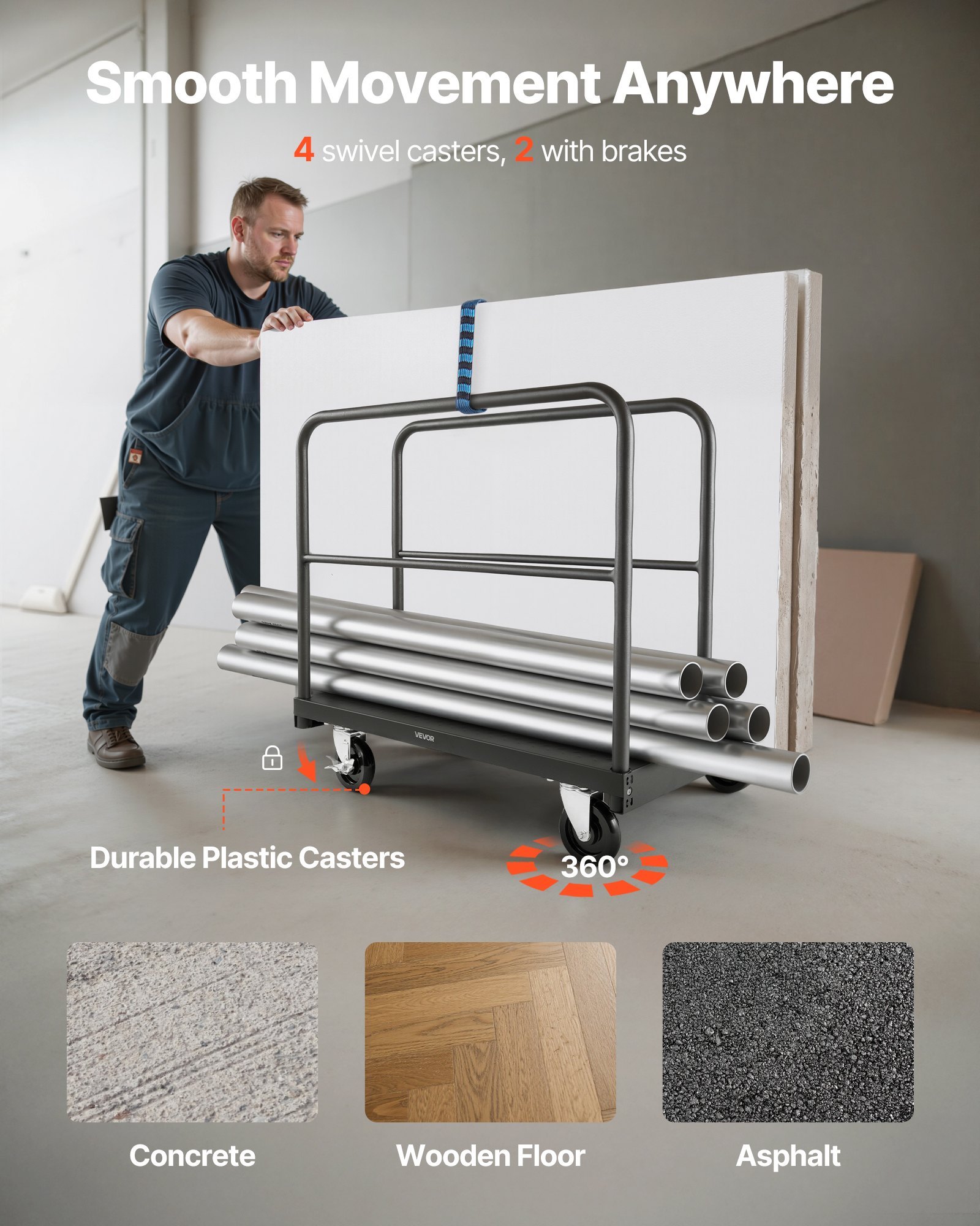 Drywall Cart Dolly, 1800 Lbs Load Capacity, 2-in-1 Steel Panel Truck Cart With 5 Inch Swivel Casters, 36 X 24 Inch Platform Truck With 4 Side Handrails For Factory, Warehouse, Garage, Black - Image 5
