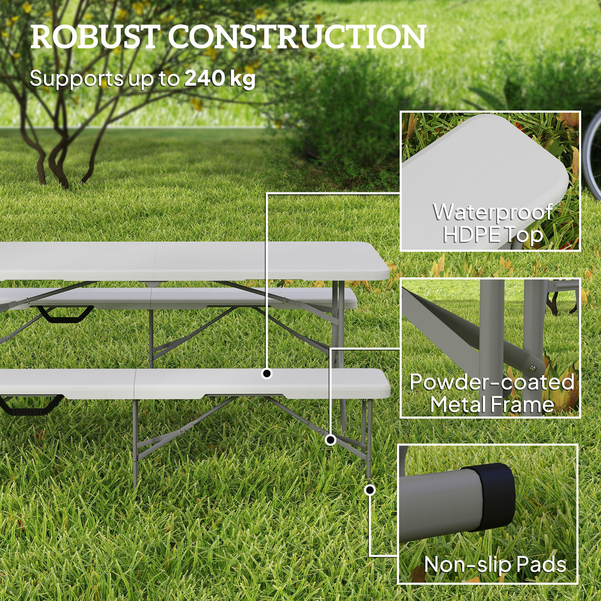 2 Pack 6 Ft Portable Foldable Bench Seats, Plastic Folding Benches With Carrying Handle For Camping, White - Image 3