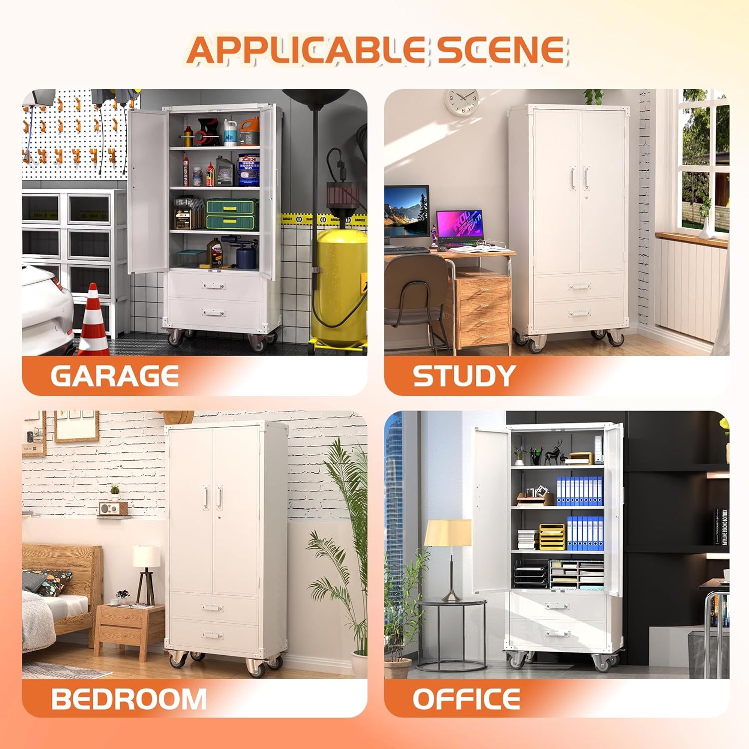 Rolling Storage Cabinet With 2 Doors And 2 Drawers, Metal Storage Cabinet With Doors And Shelves, Locking Steel Cabinet For Warehouse, Home, Office White - Image 6