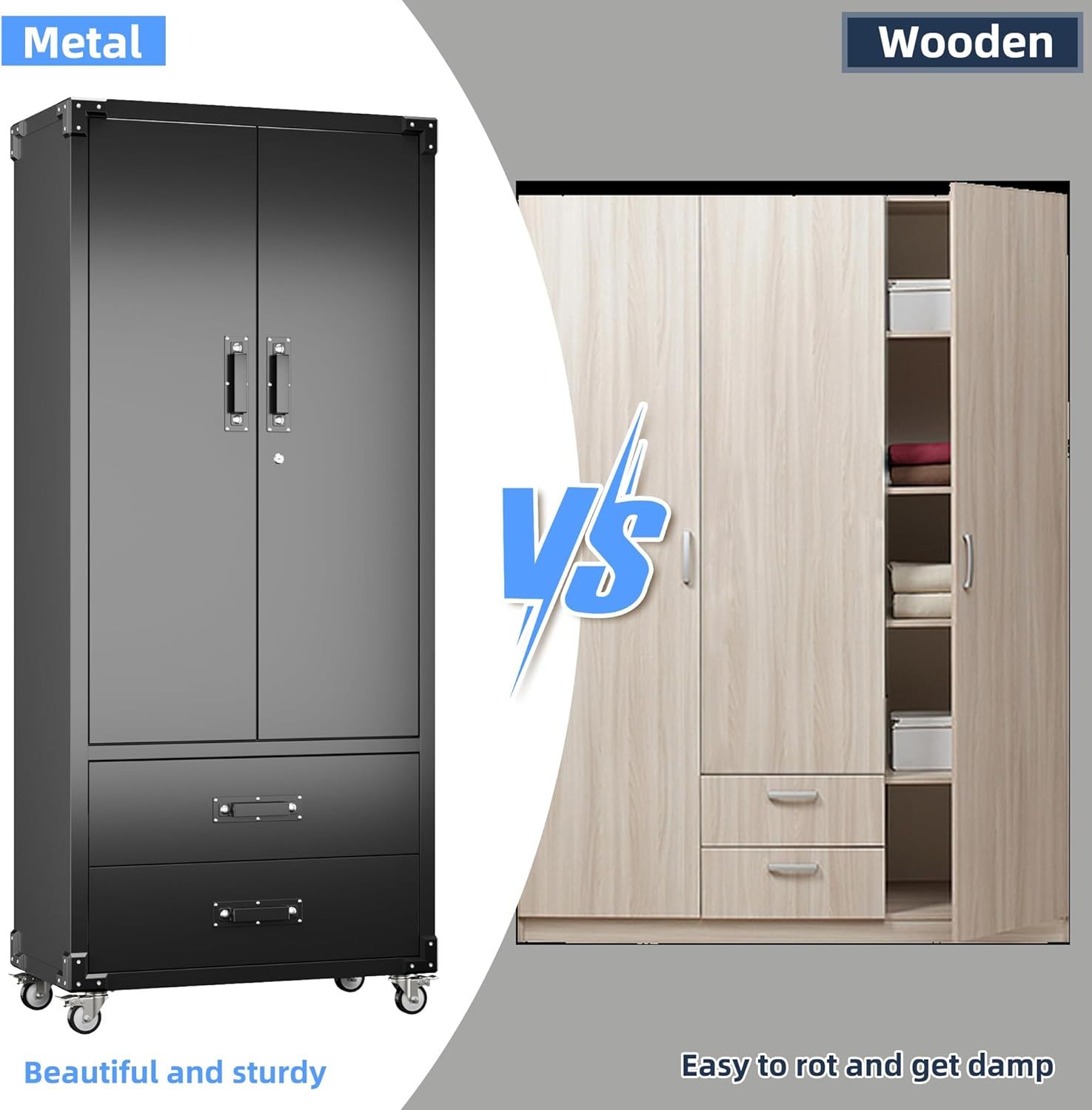 Rolling Storage Cabinet With 2 Doors And 2 Drawers, Metal Storage Cabinet With Doors And Shelves, Locking Steel Cabinet For Warehouse, Home, Office Black - Image 4
