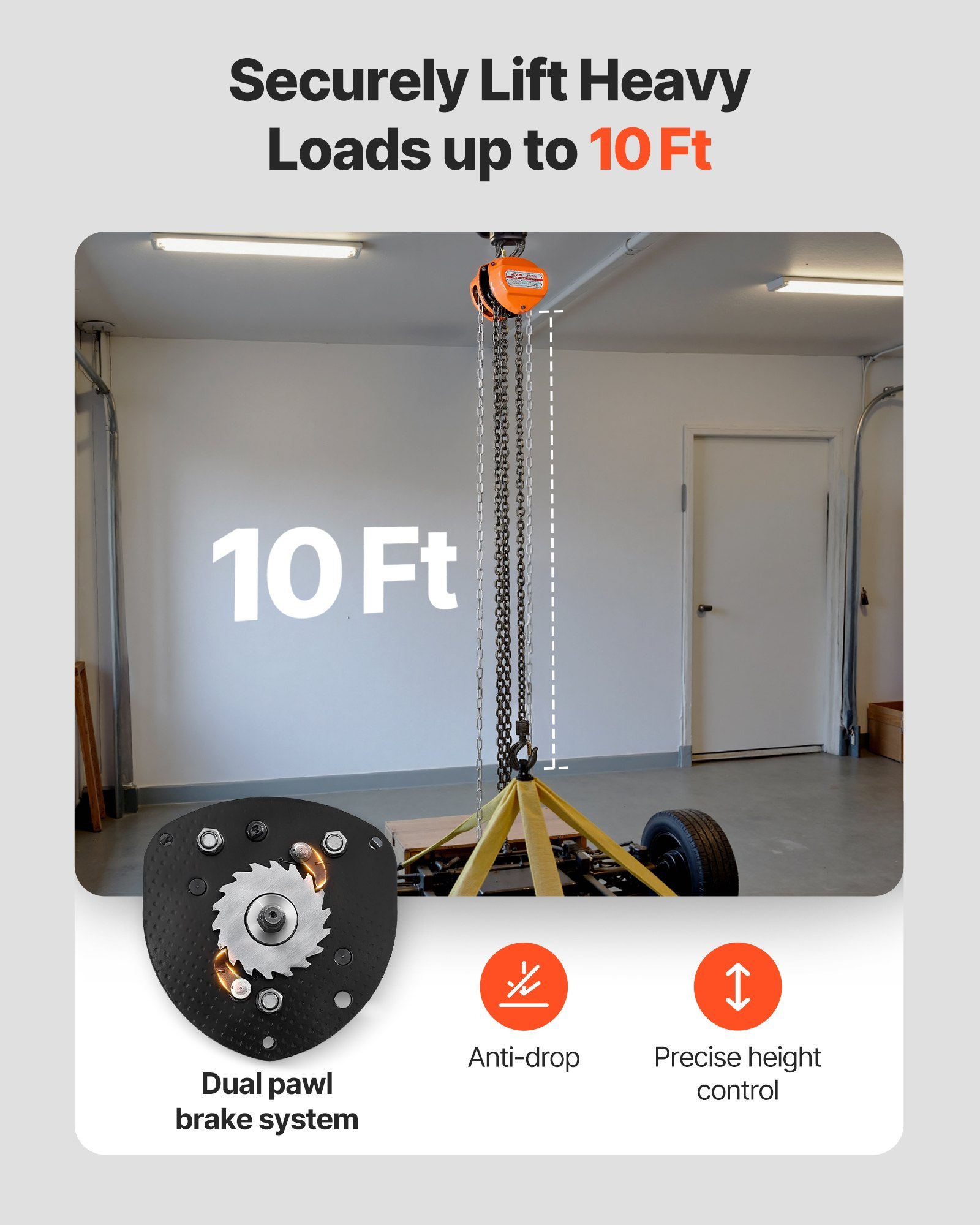 Hand Chain Hoist, 1 Ton 2200 Lbs Capacity, Manual Chain Block With Upgrade G80 Galvanized Chain, 10 Ft Lifting Height, Heavy Duty Pulley Hoist For Garage Warehouse Automotive Machinery, Orange - Image 2