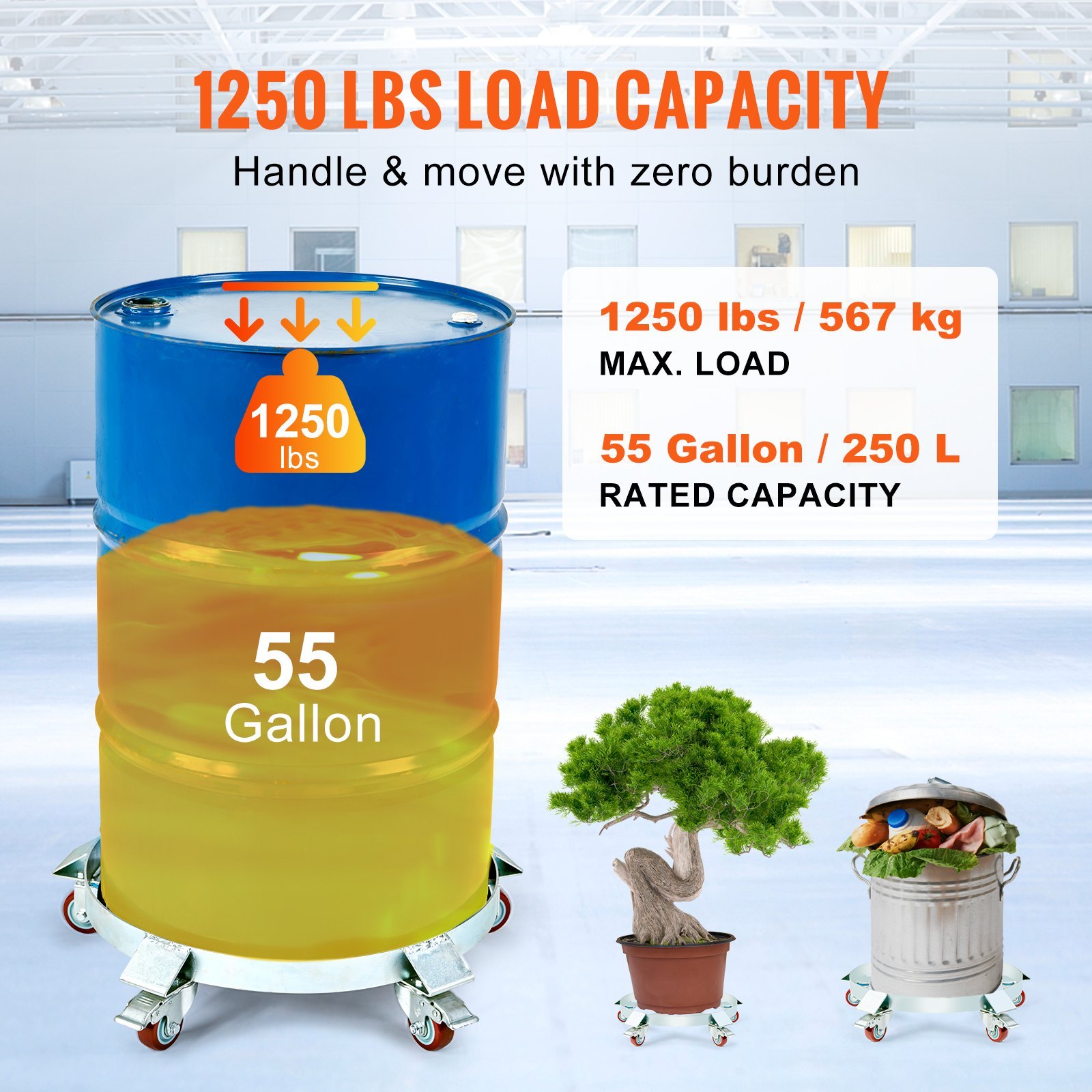 208.2 L Heavy Duty Drum Dolly, 567 Kg Load Capacity, Barrel Dolly Cart Drum Caddy, Non Tipping Hand Truck Capacity Dollies With Steel Frame 5 Swivel Casters Wheel, For Warehouse Drum Handling - Image 5